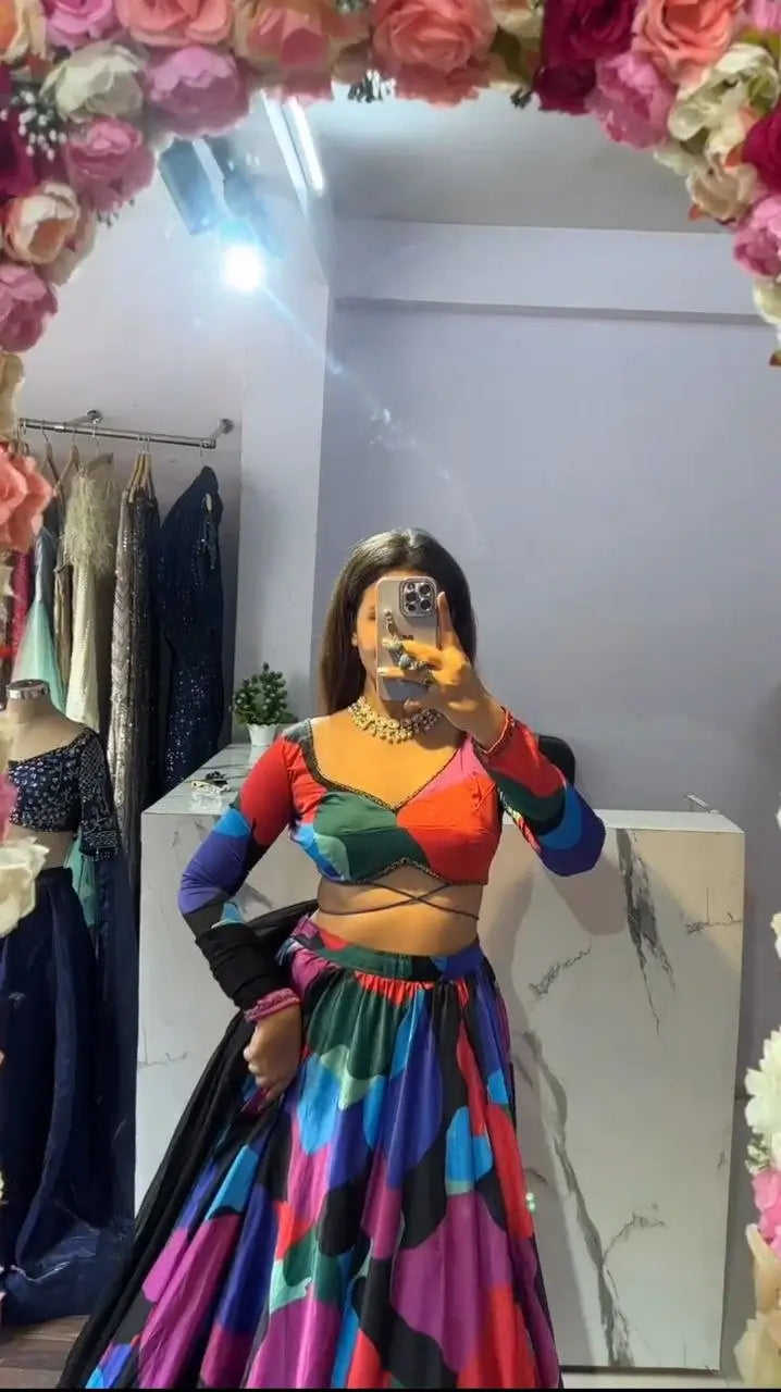 Multi Color Pink Chinon Silk Lehenga With Beautiful Digital Print  With Plain Dupatta