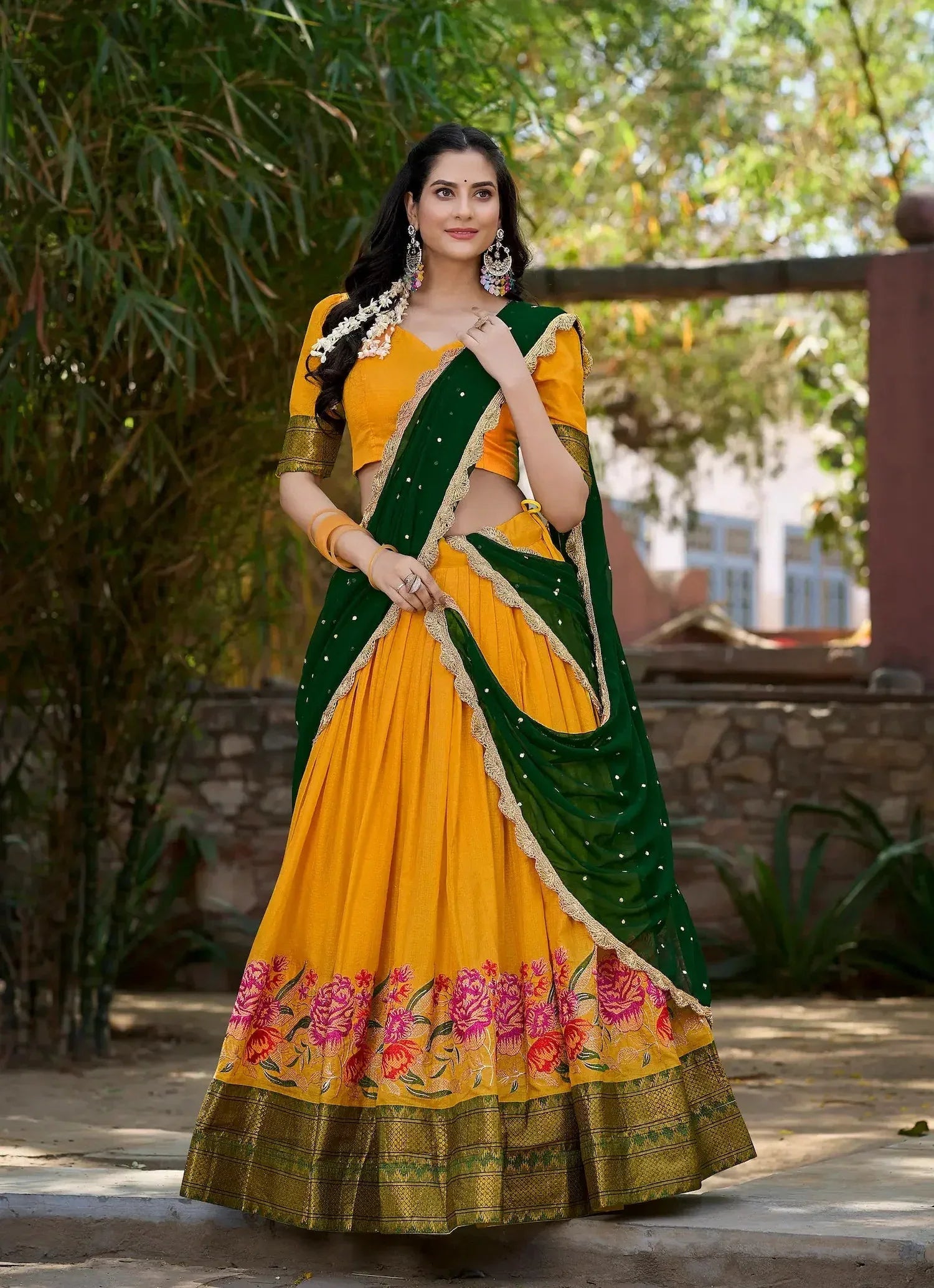 Mustard Cotton Silk Embroidery Lehenga Choli