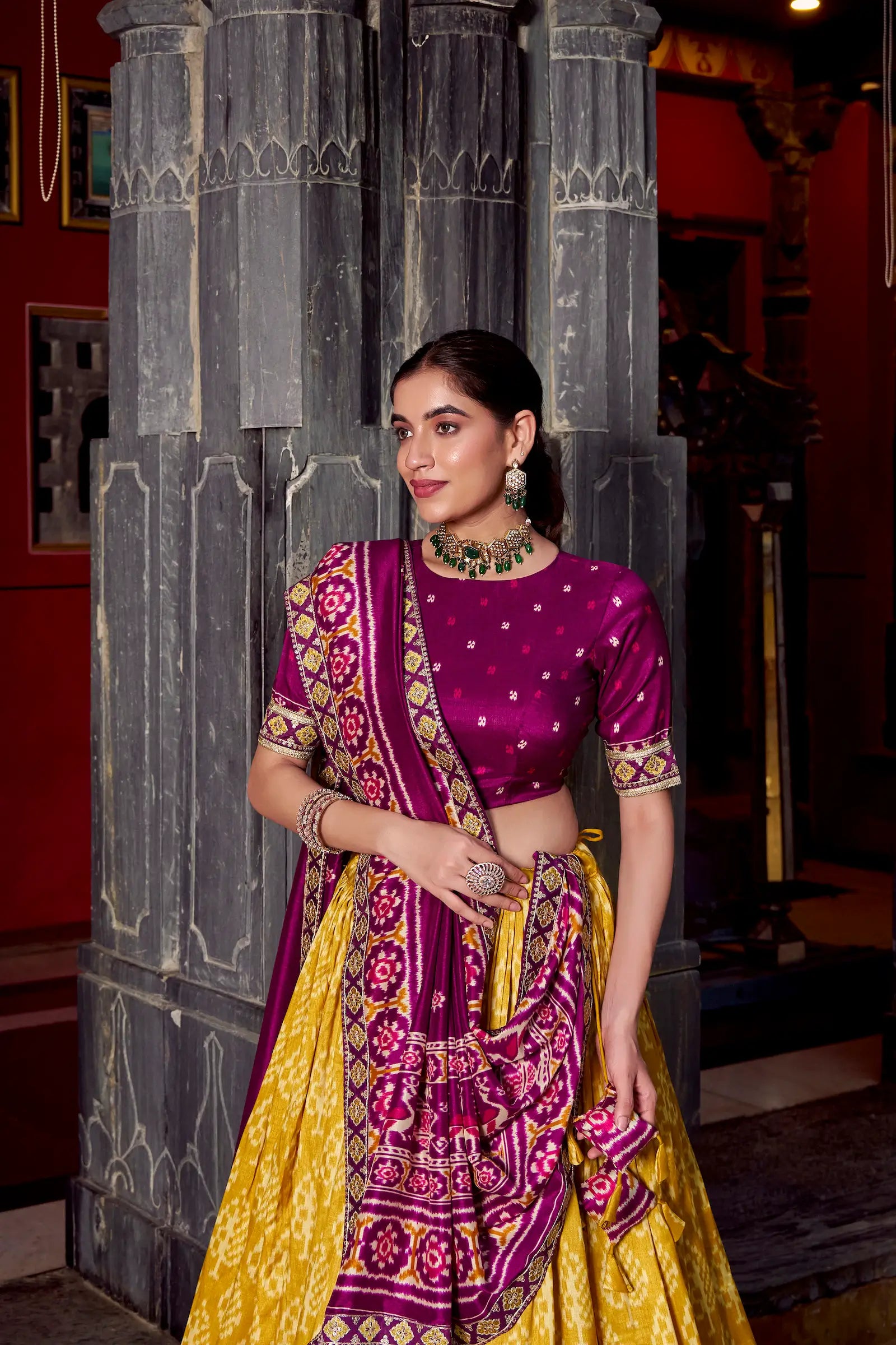Mustard Yellow Tussar Silk Ikkat Printed Lehenga Choli