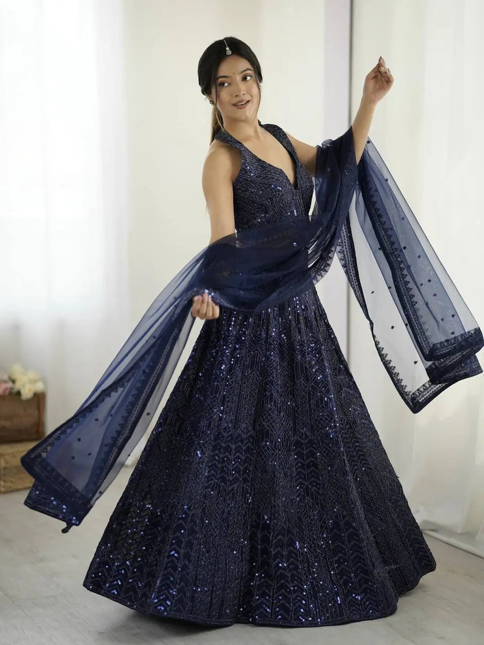 Navy Blue Net Lehenga Choli With Sequins & Dori Work