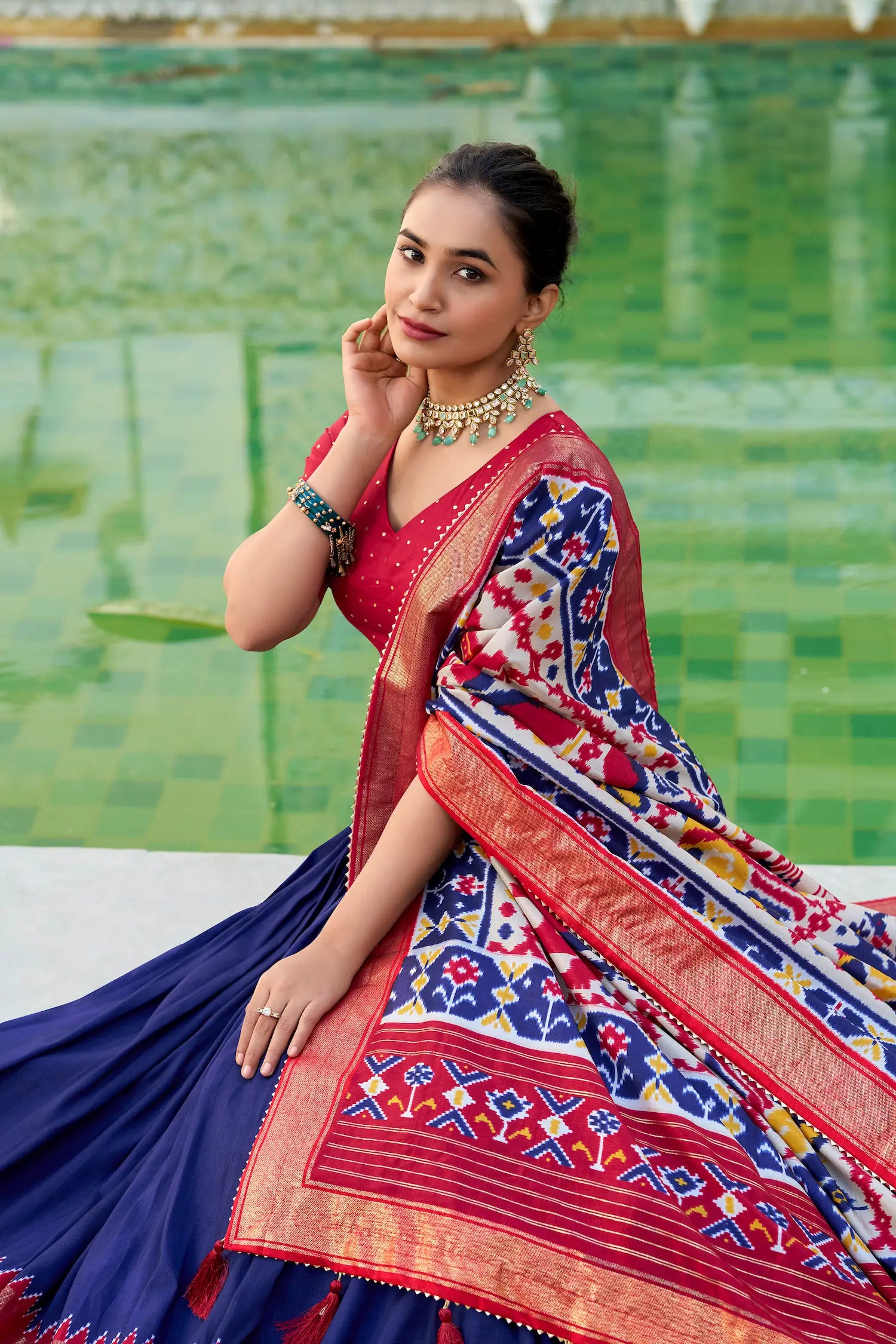 Navy Blue Tussar Silk Lehenga Choli With Patola Print And Foil Work