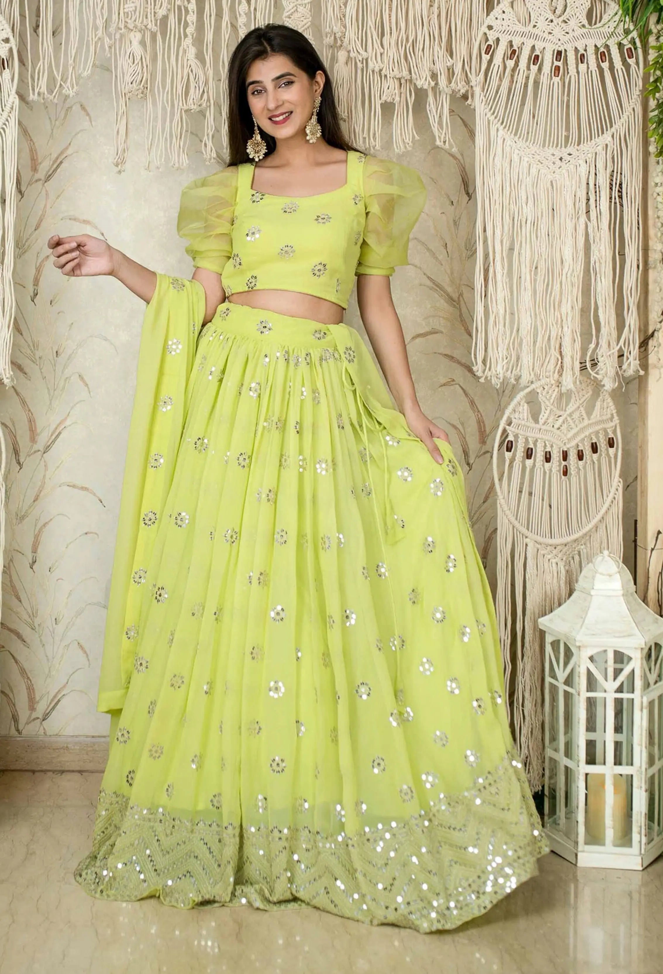 Neon Georgette Lehenga With Sequins And zari Embroidered Work