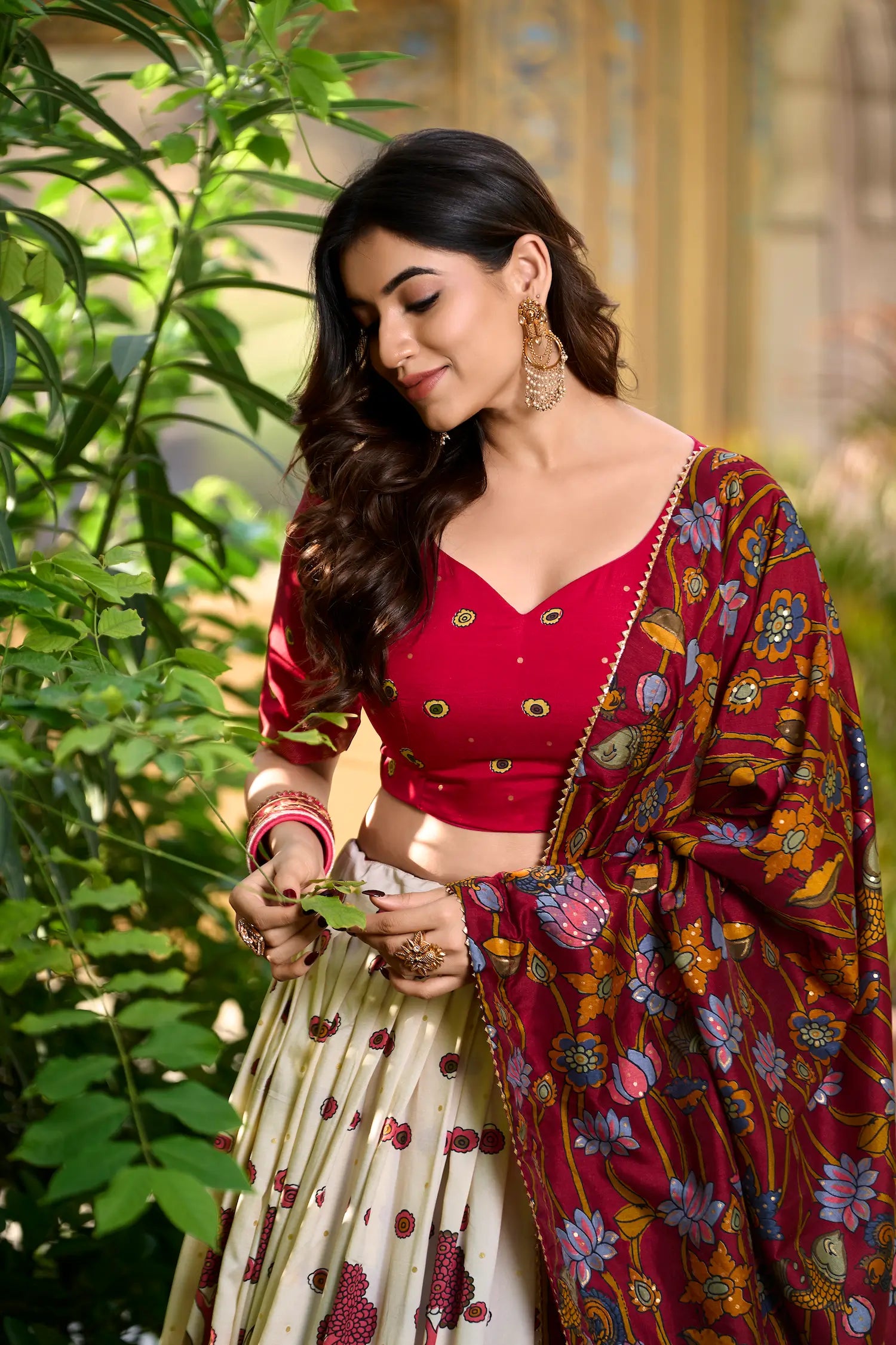 Off White Tussar Silk Kalamkari Printed Lehenga Choli