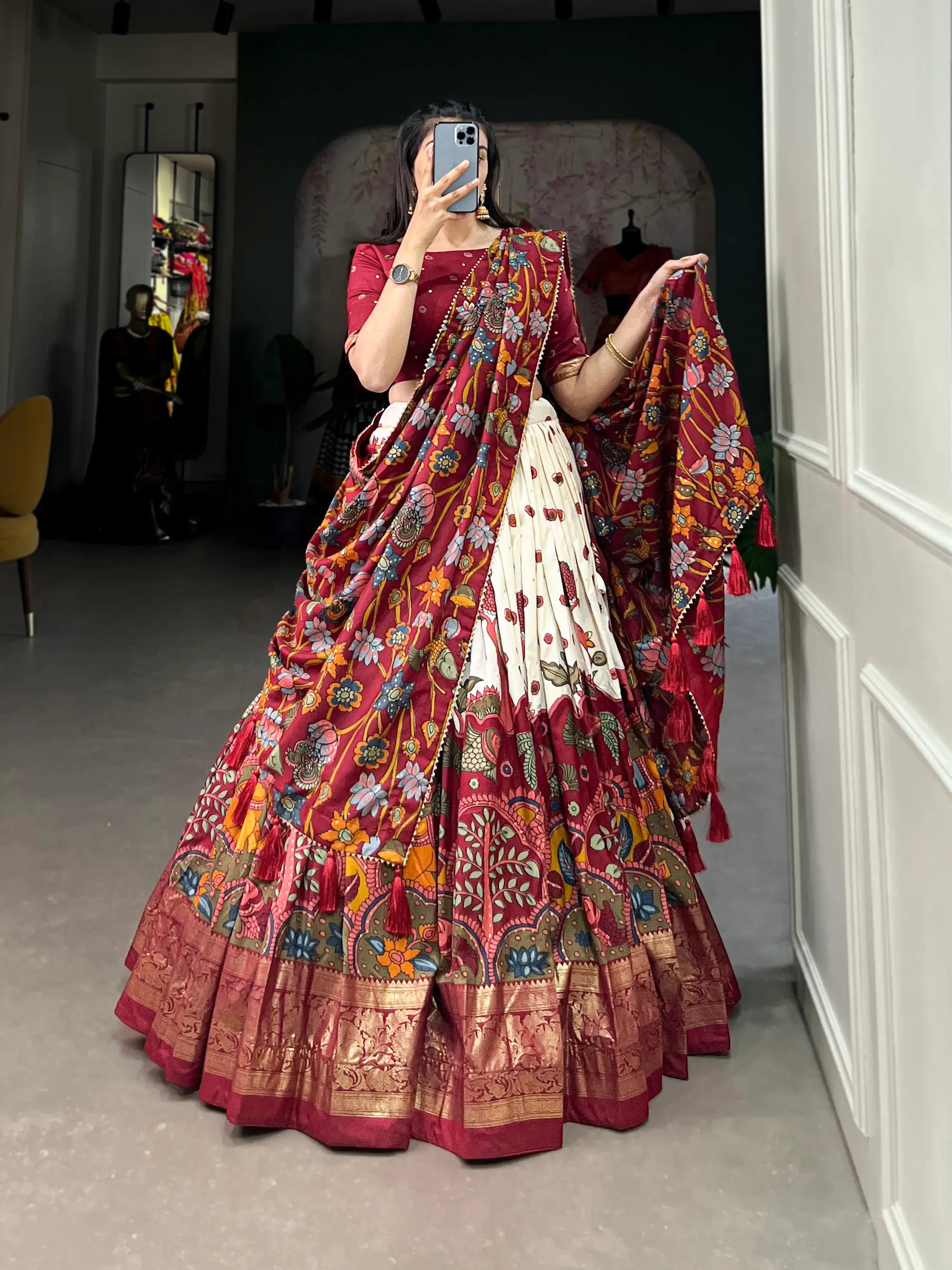 Off White Tussar Silk Kalamkari Printed Lehenga Choli