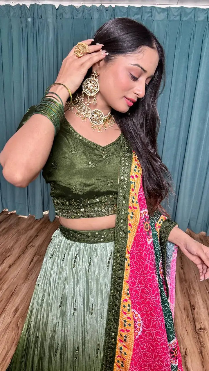 Olive Green Chinon Silk Thread with Sequence Embroidery Work Lehenga Choli