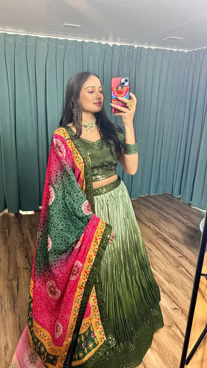 Olive Green Chinon Silk Thread with Sequence Embroidery Work Lehenga Choli