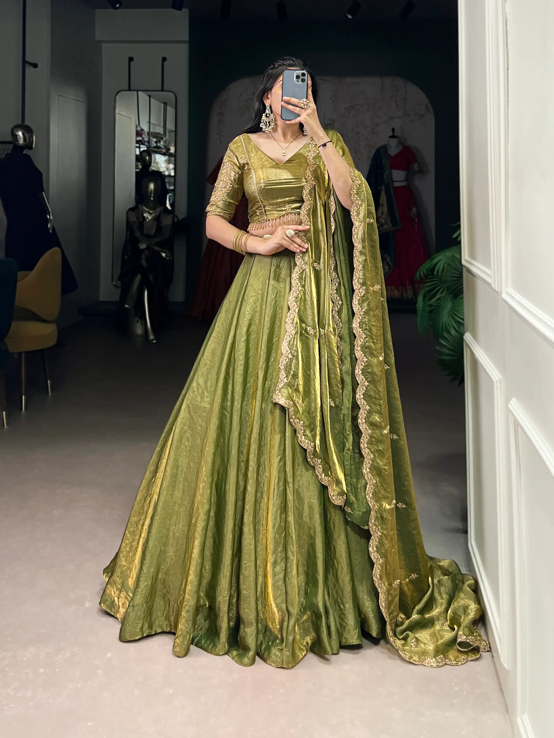 Olive Green Fendi Silk Sequins Embroidery Lehenga Choli