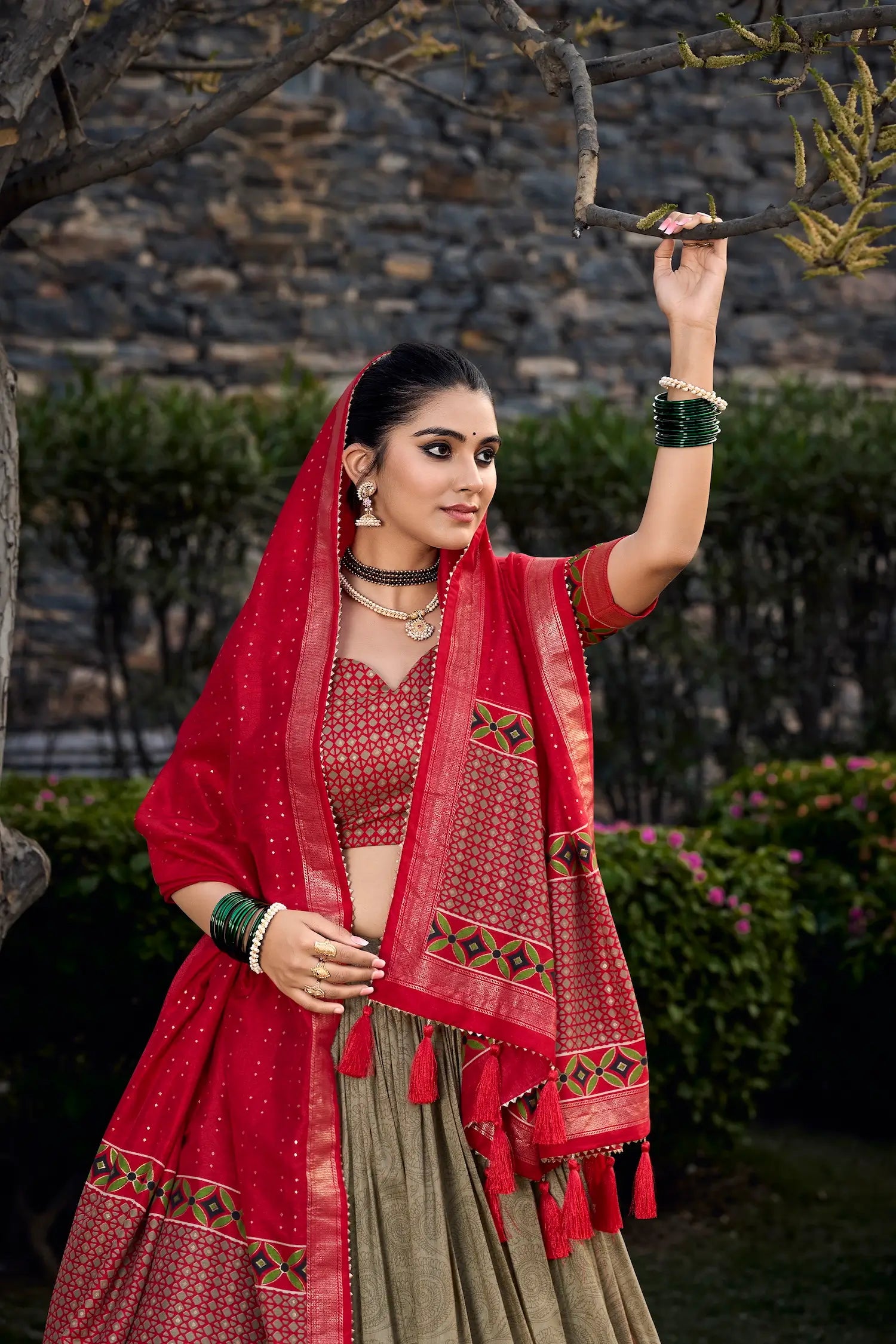Olive Green Tussar Silk Floral Printed Lehenga Choli