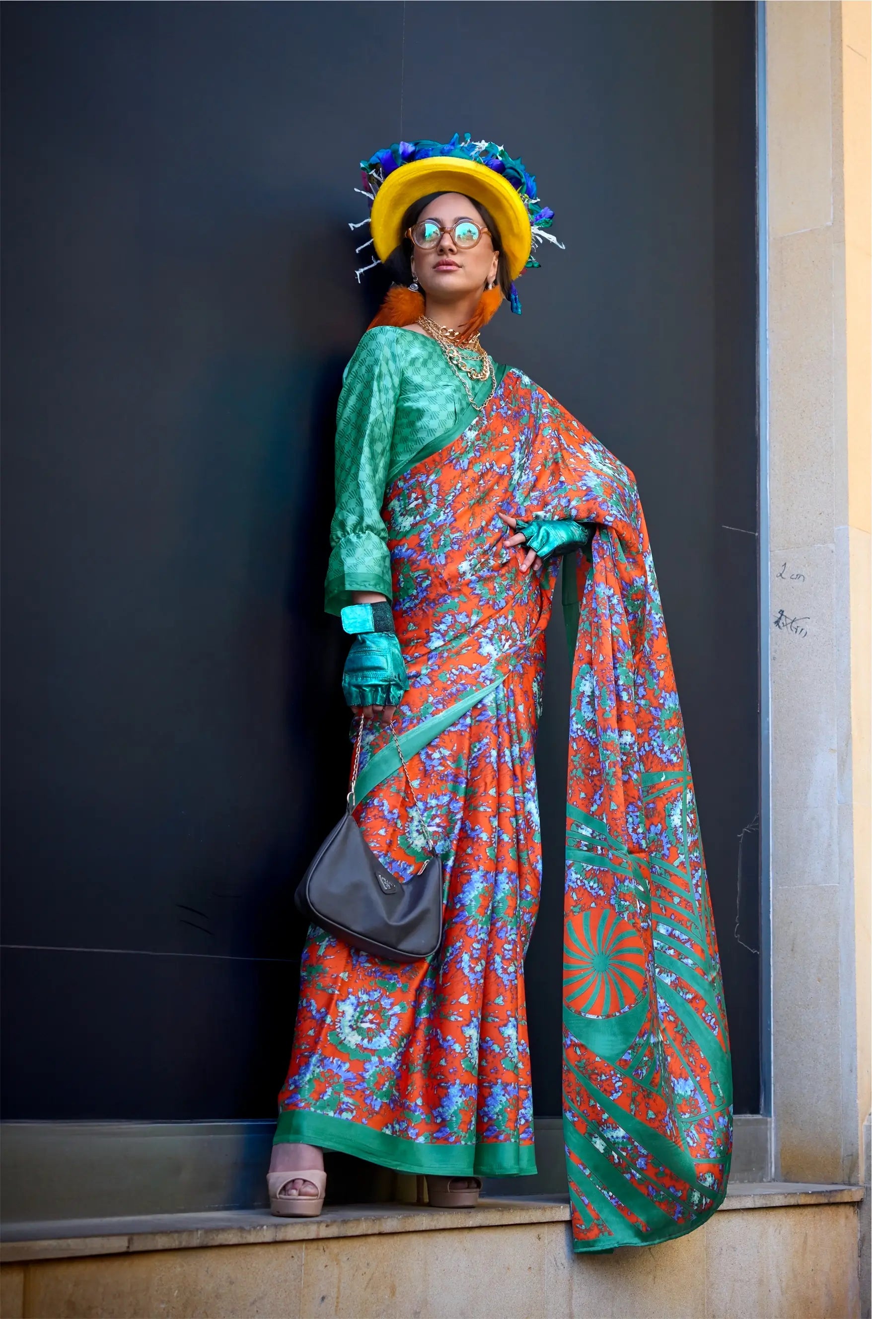 Orange Satin Crepe Digital Printed Saree