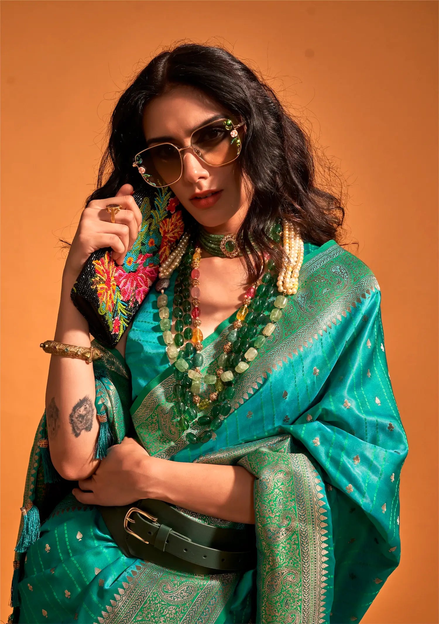 Pacific Blue Satin Zari Handloom Weaving Silk Saree
