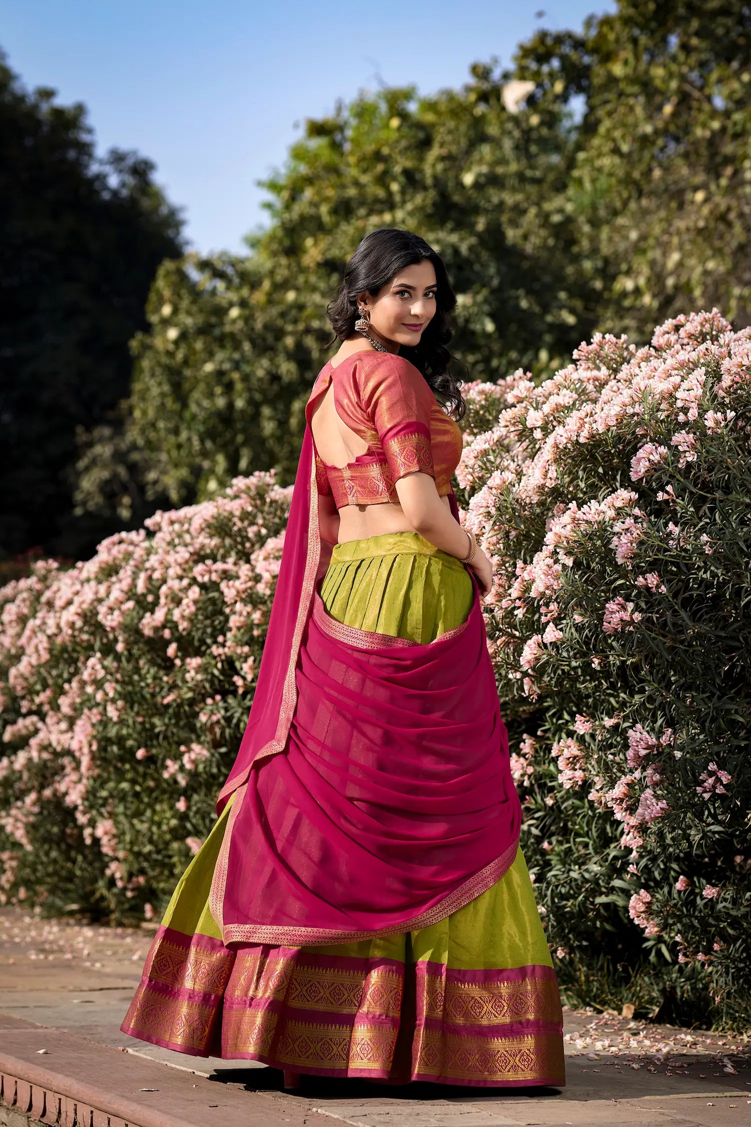 Parrot Green Kanchipuram Zari Weaving Work Lehenga Choli