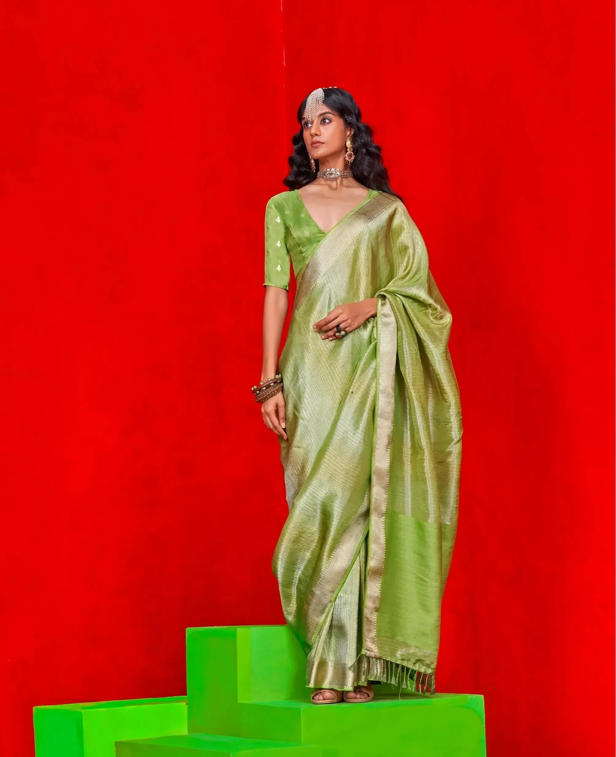 Parrot Green Viscose Tissue Zari Weaving Work Saree