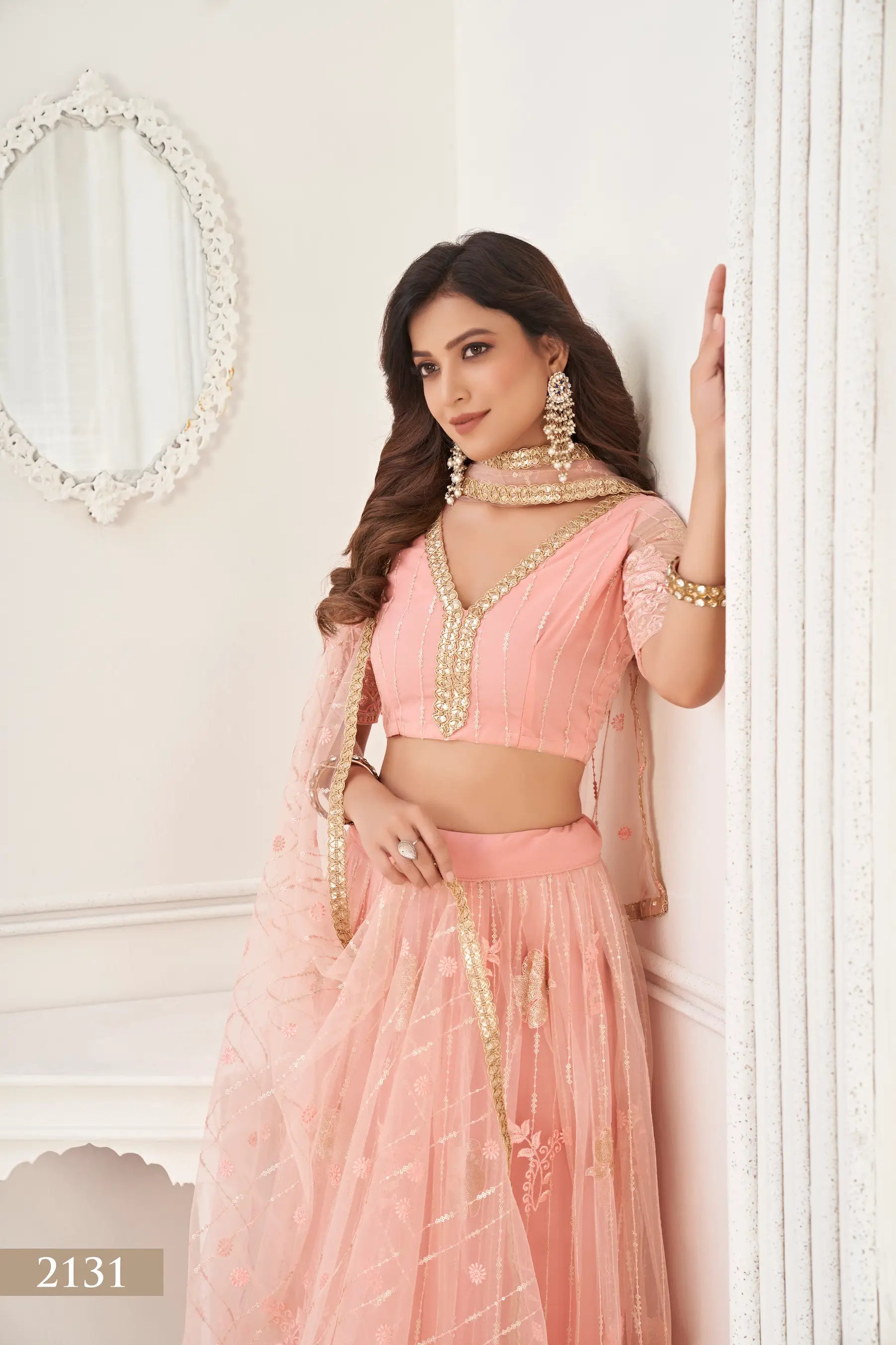 Peach Net Lehenga Choli With Cotton Thread Work & Sequence Embroidery Work
