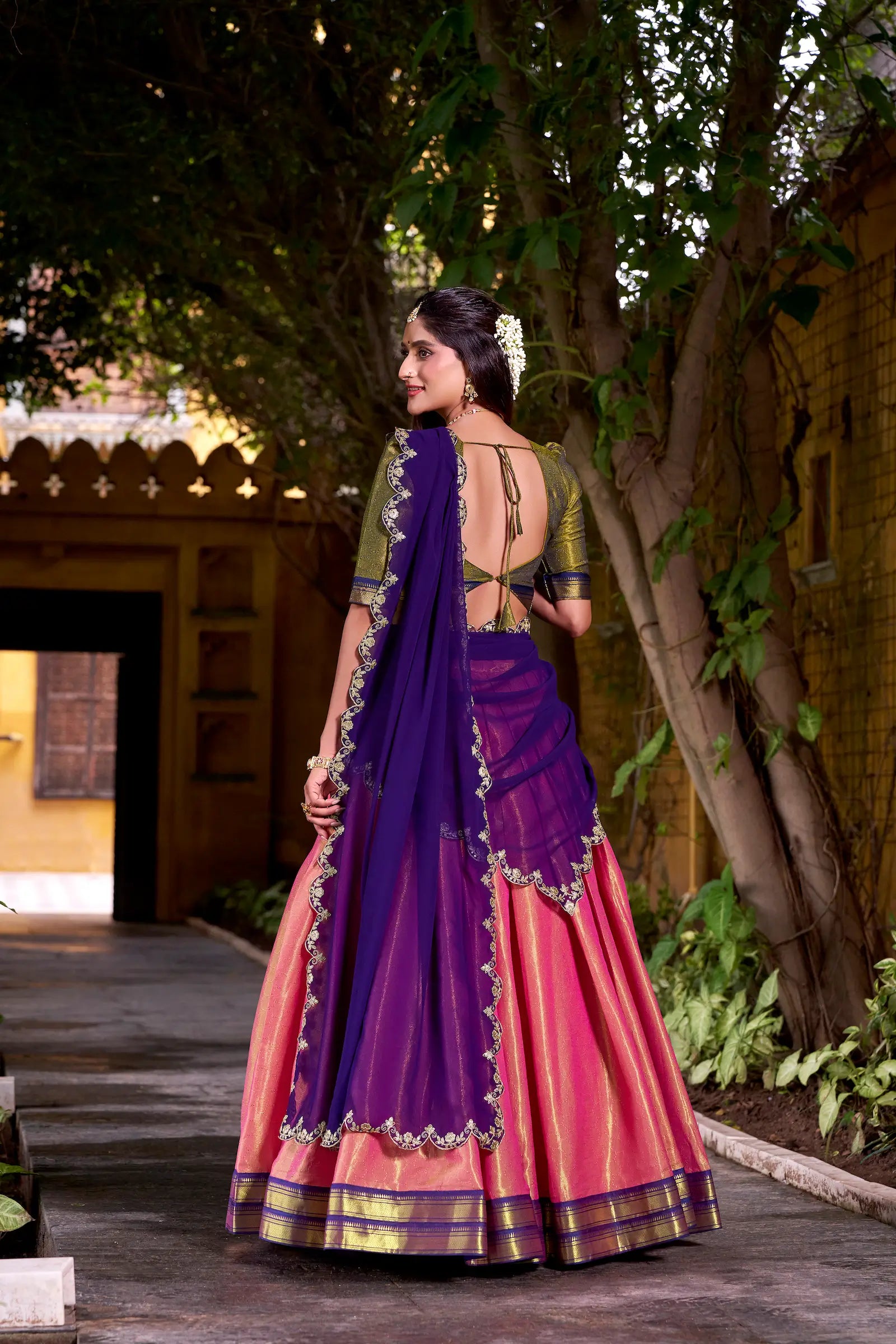 Peach Pink Kanchipuram Zari Weaving Work Lehenga Choli