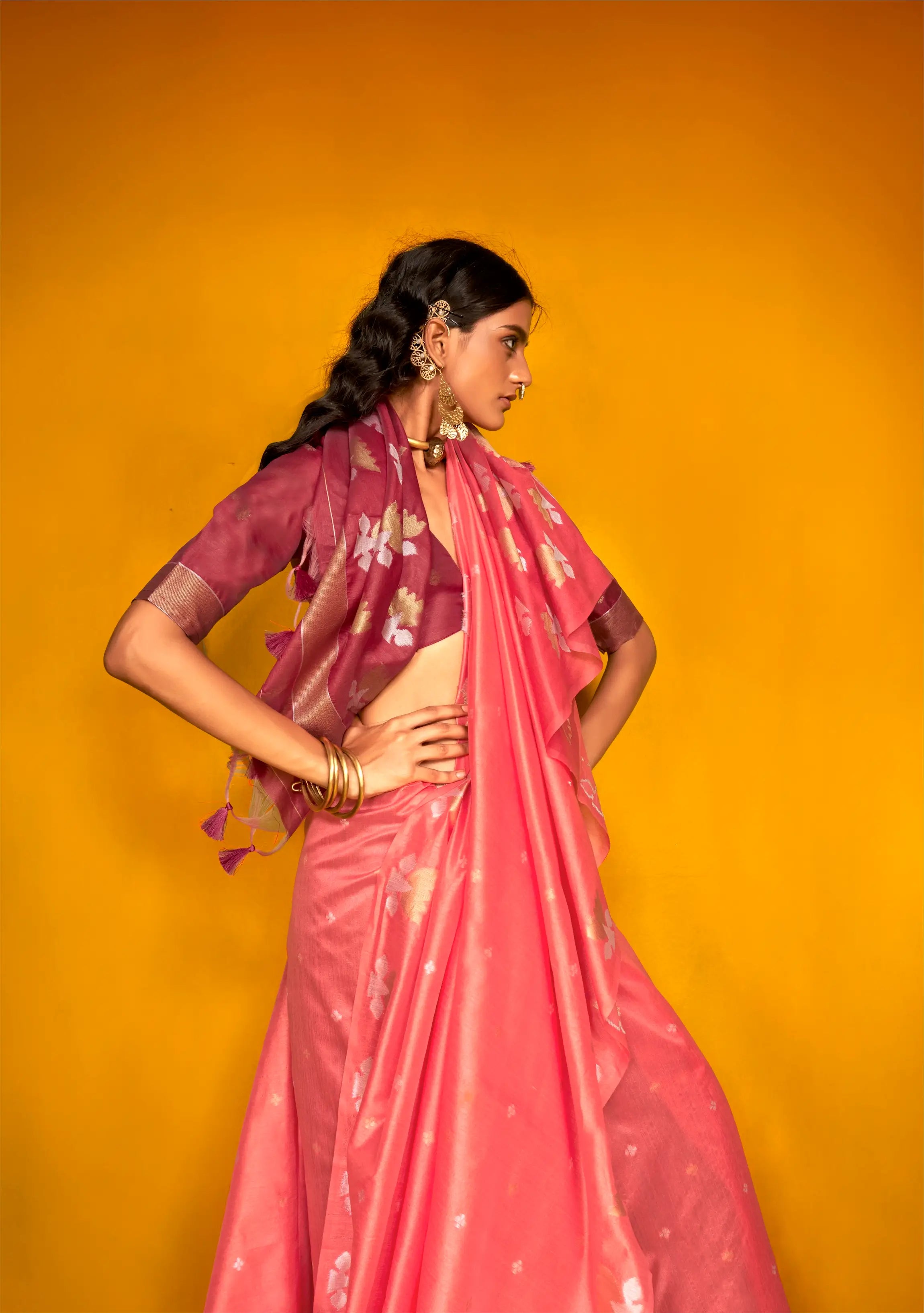 Peach Tussar Silk Zari Weaving Work Saree