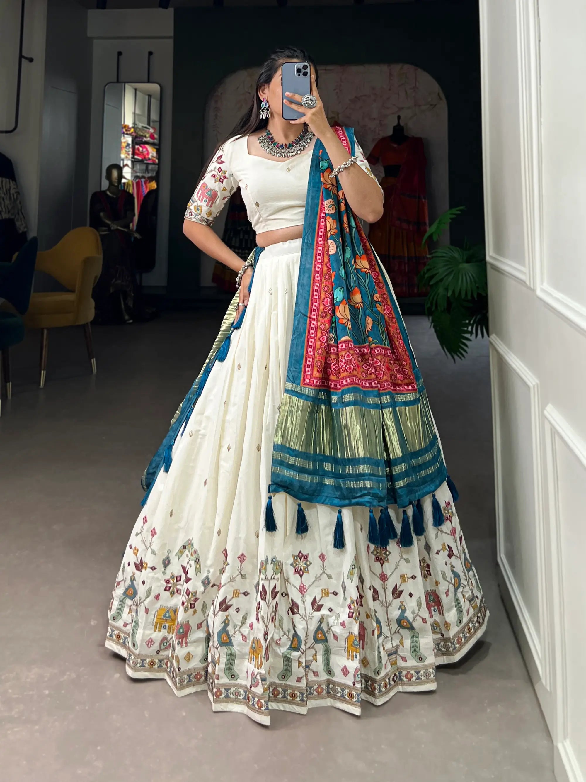 Pearl White Khadi Cotton Embroidery Lehenga Choli With Gaji Silk Dupatta
