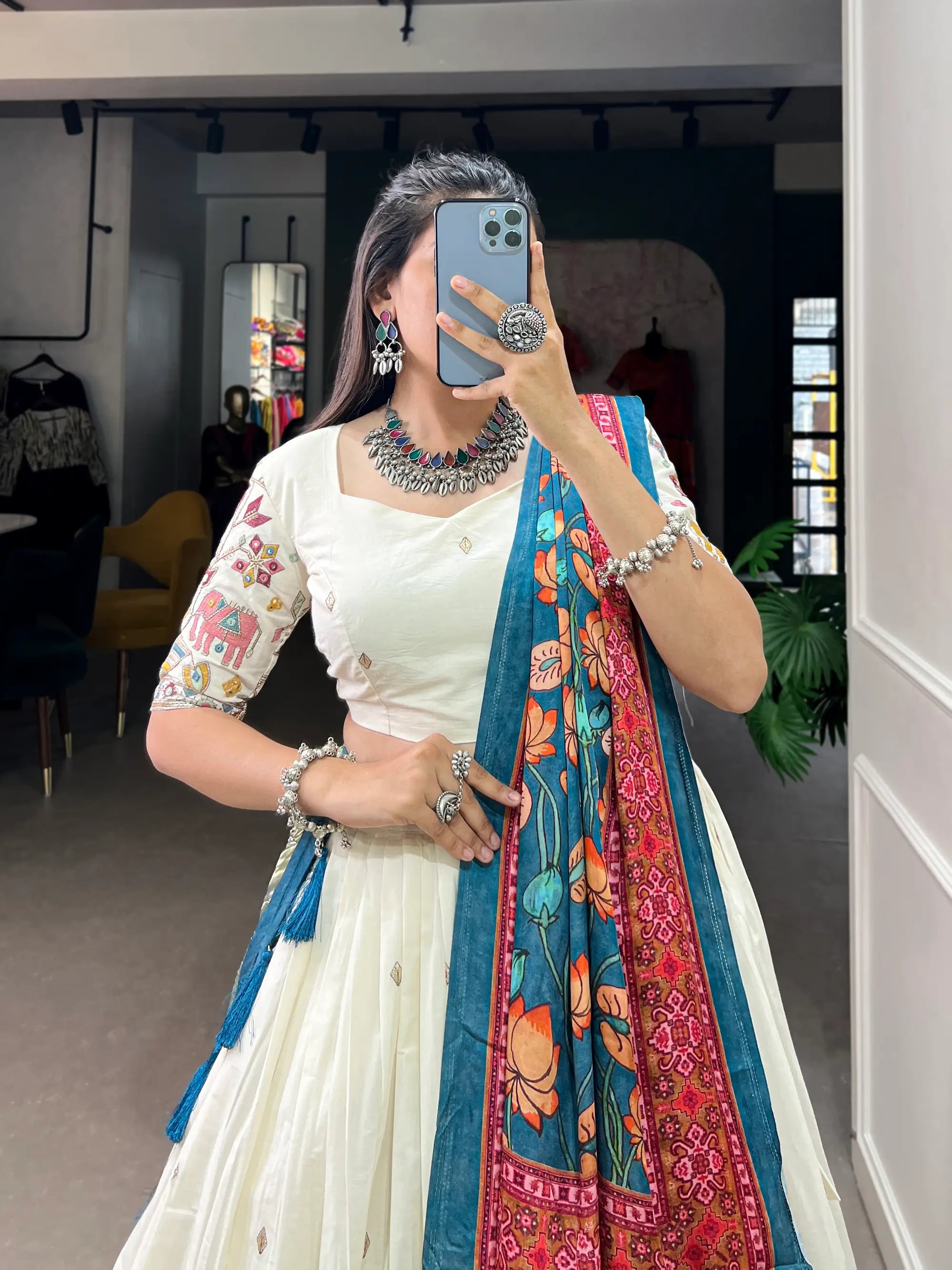 Pearl White Khadi Cotton Embroidery Lehenga Choli With Gaji Silk Dupatta