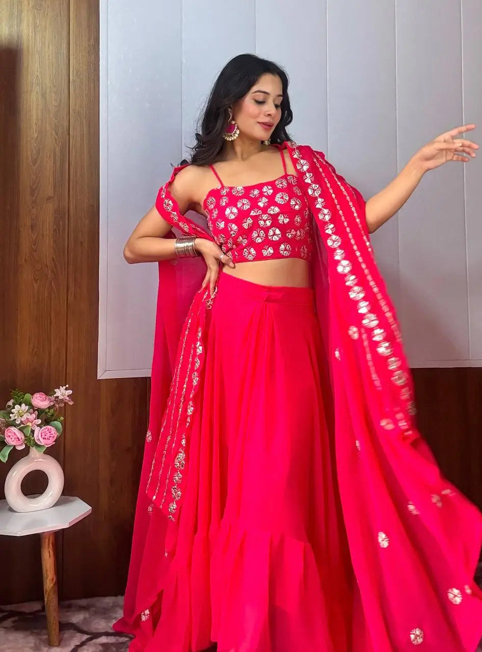 Pink Georgette Indo Western Set With Sequins & Paper Mirror Work