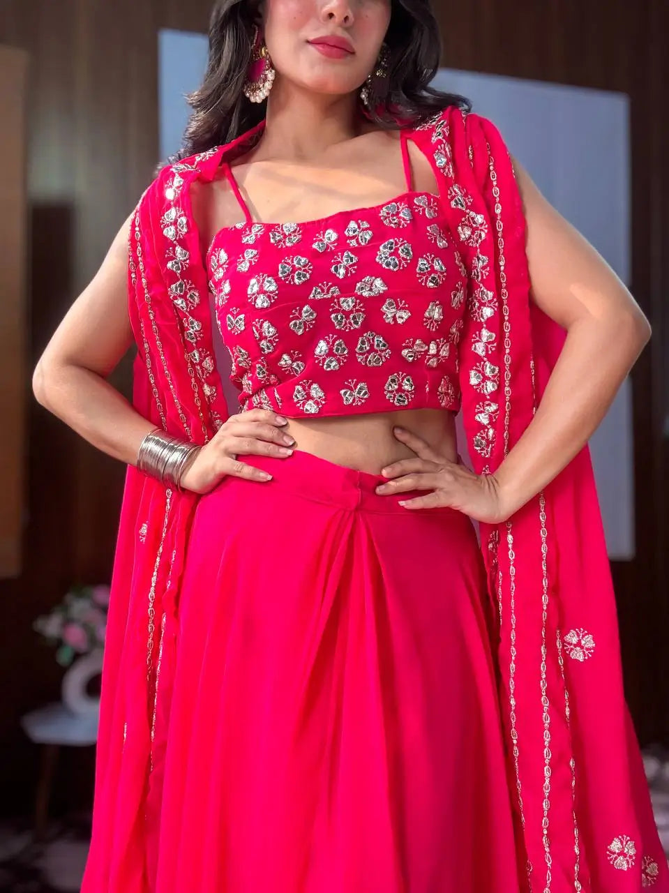 Pink Georgette Indo Western Set With Sequins & Paper Mirror Work