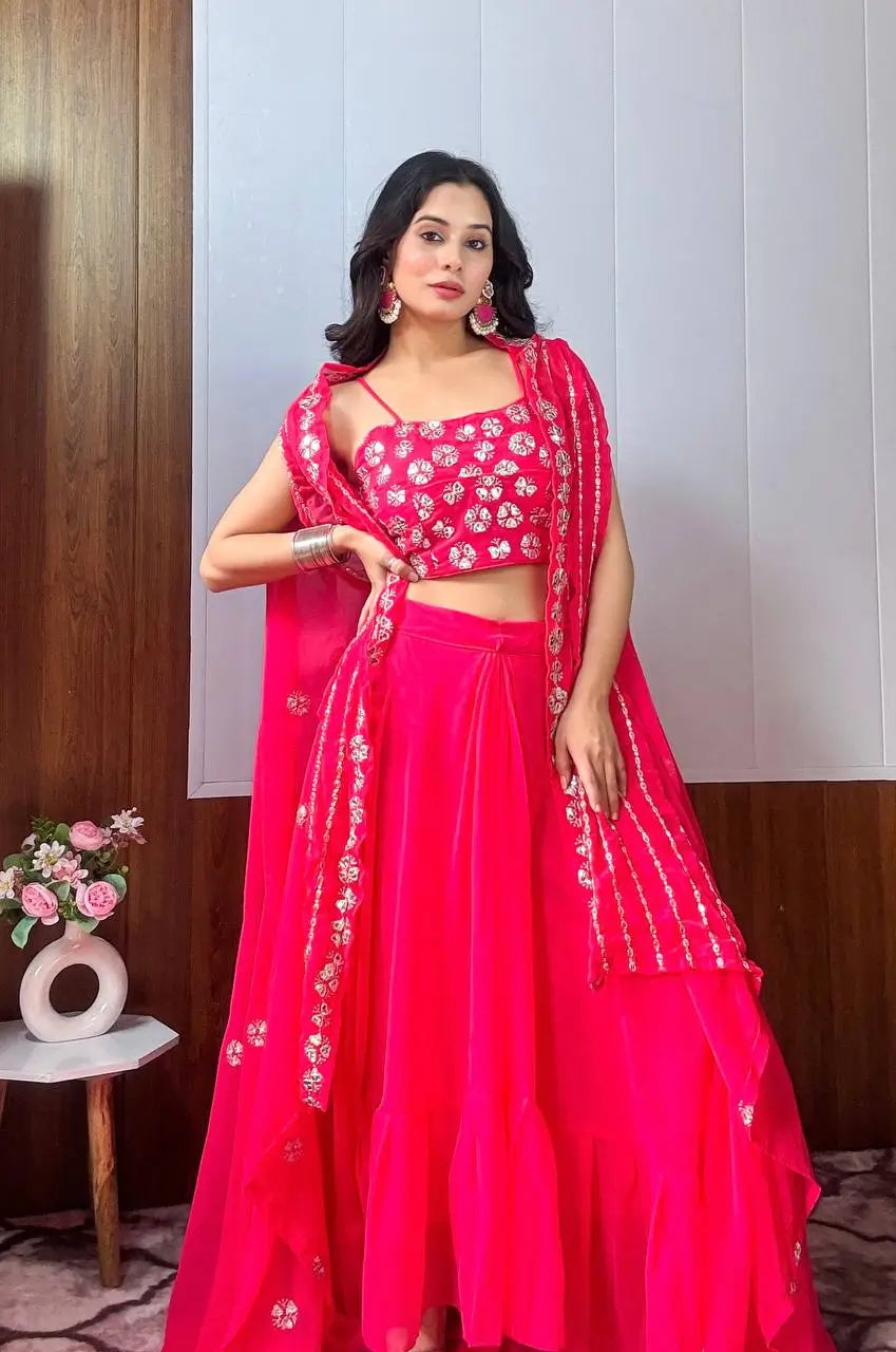 Pink Georgette Indo Western Set With Sequins & Paper Mirror Work