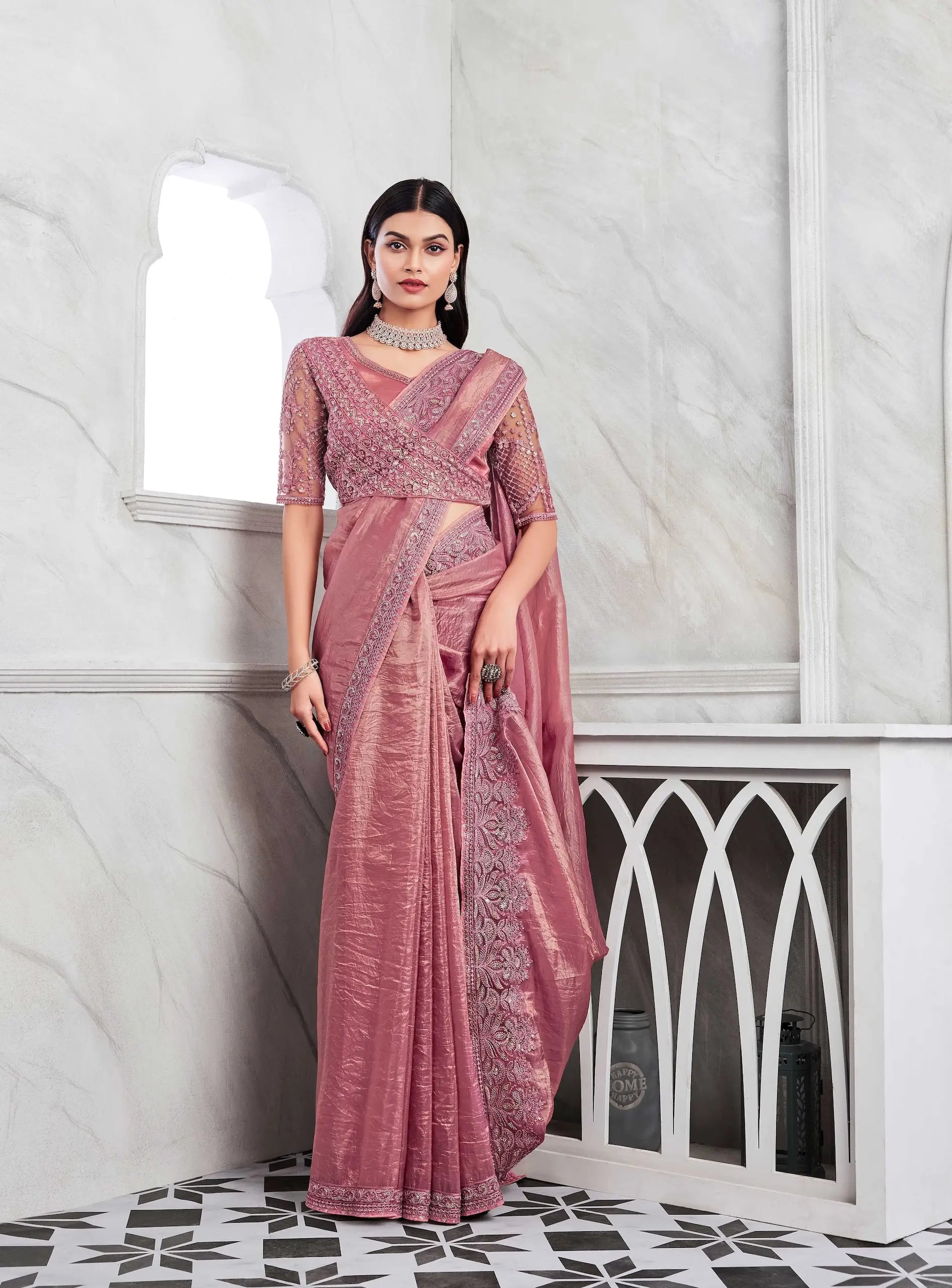 Pink Sim-Sim Silk Saree With Embroidery Work Blouse