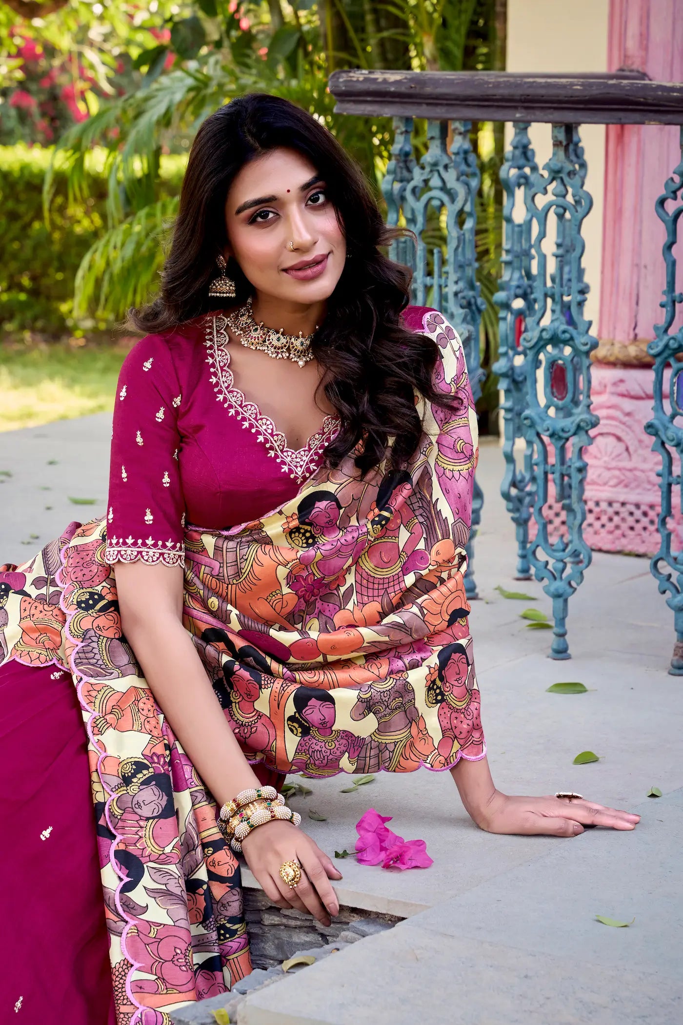 Pink Vichitra Silk Lehenga Choli With Kalamkari Print & Thread, Sequins Embroidery