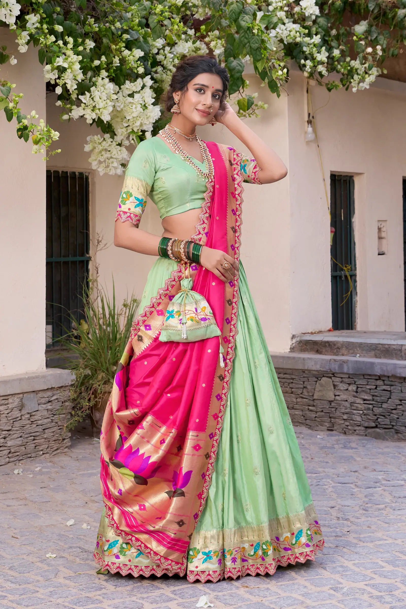 Pista Green Jacquard Silk Paithani Lehenga Choli With Zari Weaving Work & Embroidery Lace Border