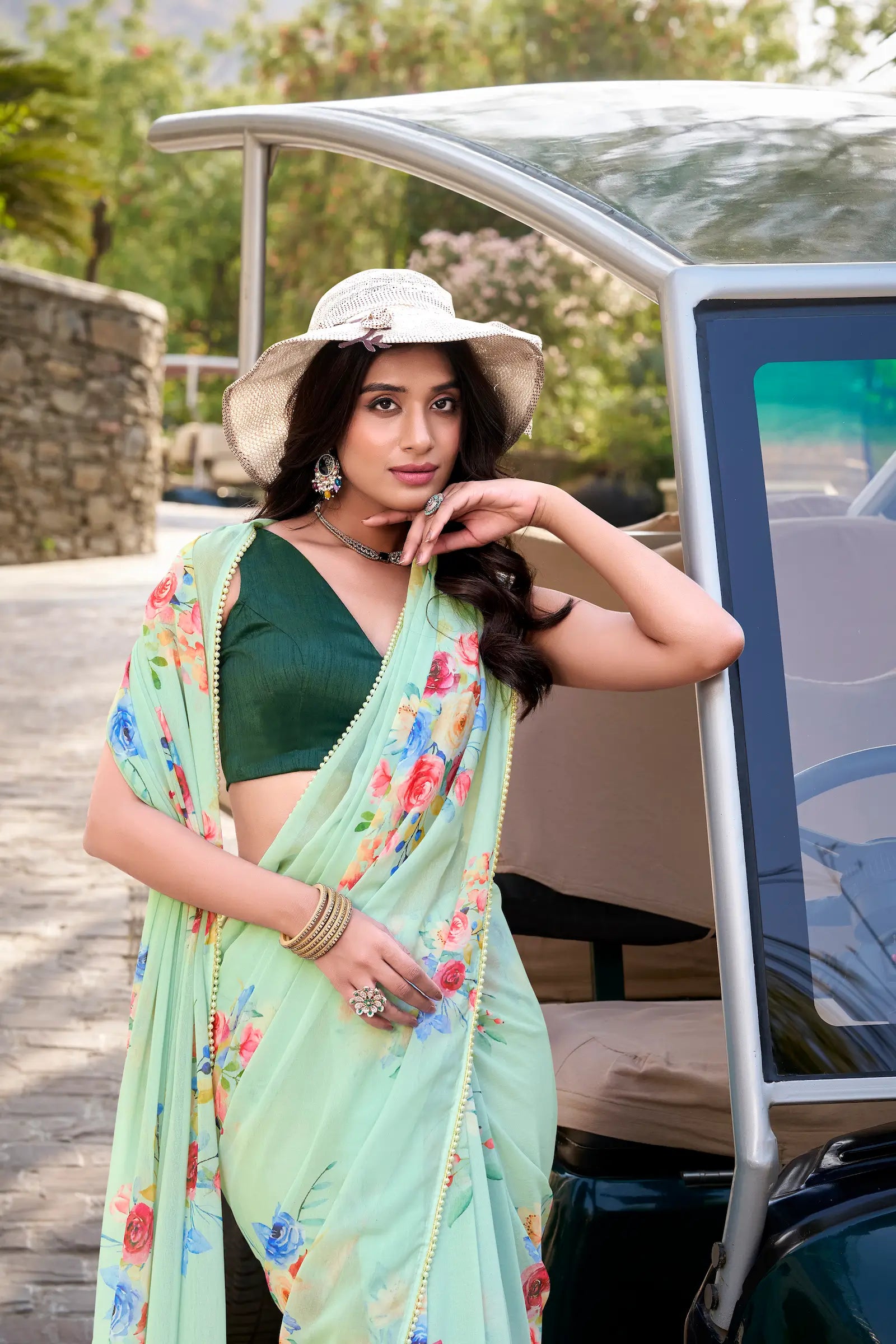 Pista Green Weightless Marbal Saree With Floral Print & Lace Border