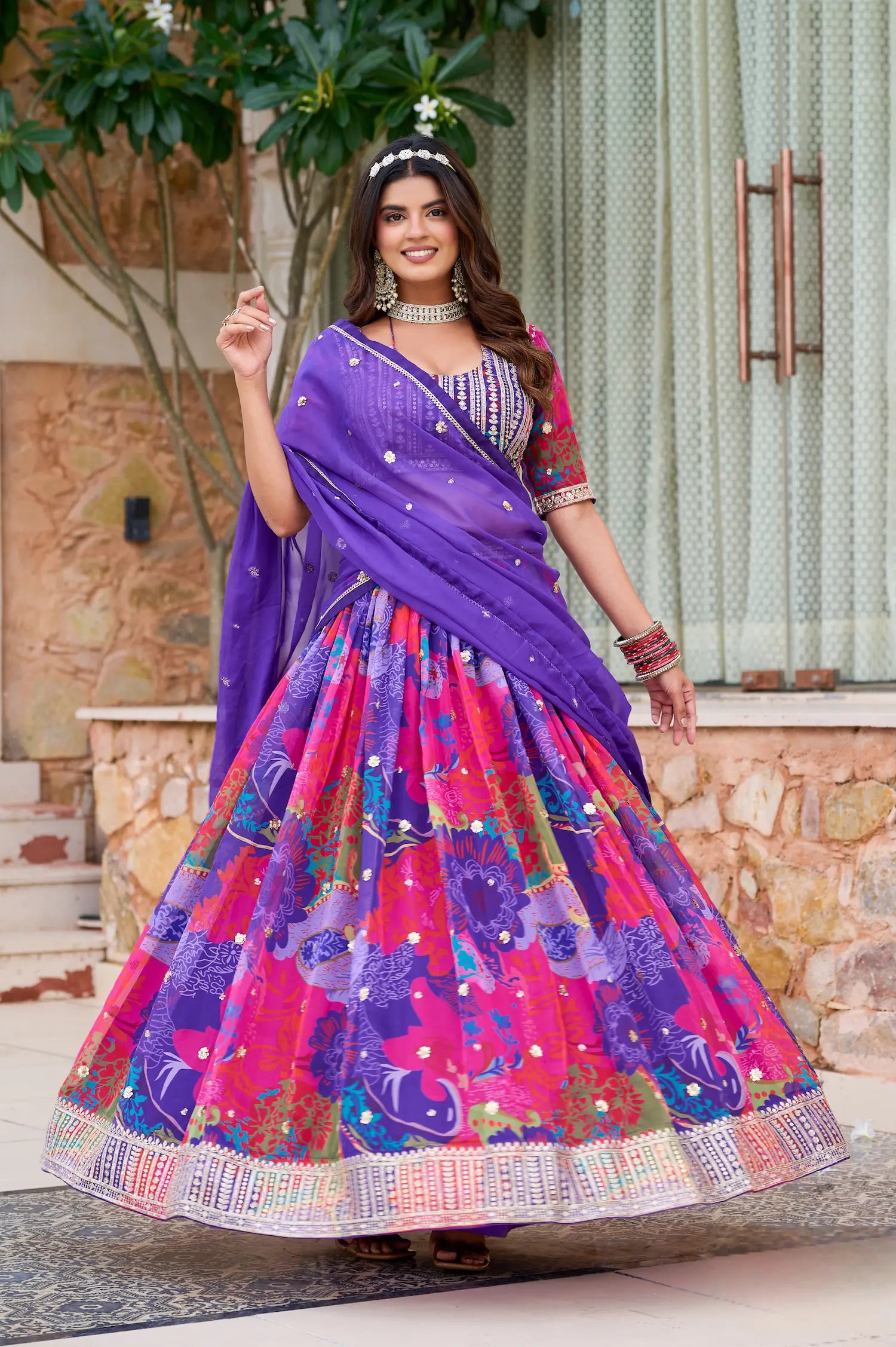 Purple Multicolor Printed & Embroidery Lehenga Choli