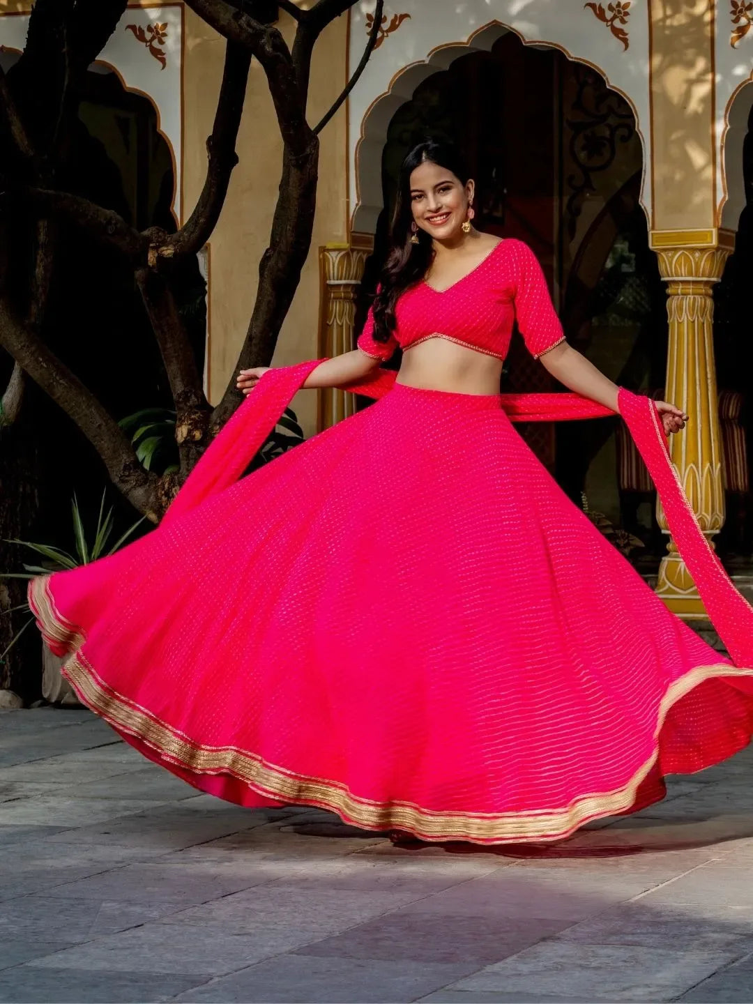 Rani Pink Georgette Leheriya Print Lehenga With Zari And Cording Lace Work