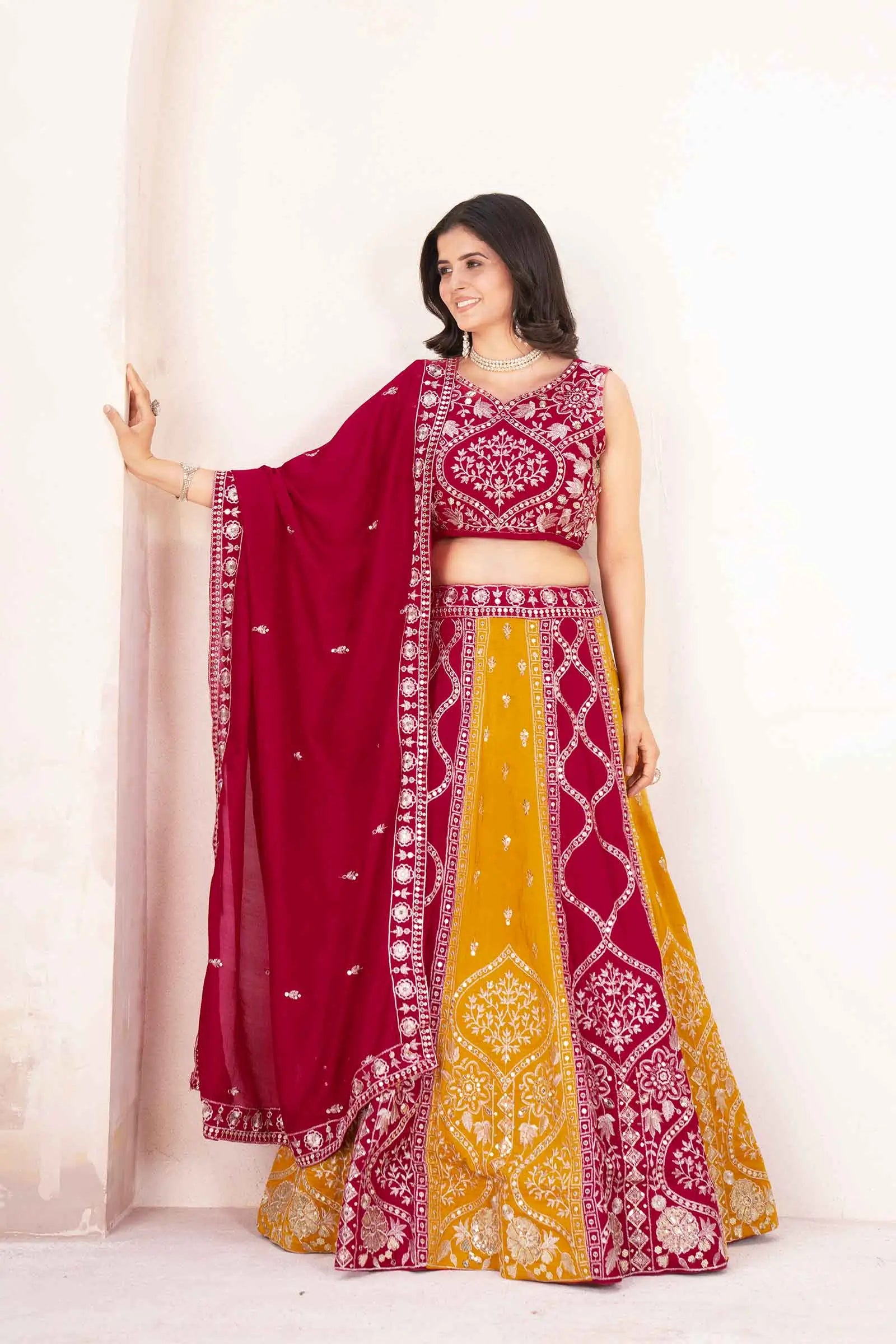 Red And Yellow Embroidery Sequins Design Work Lehenga Set