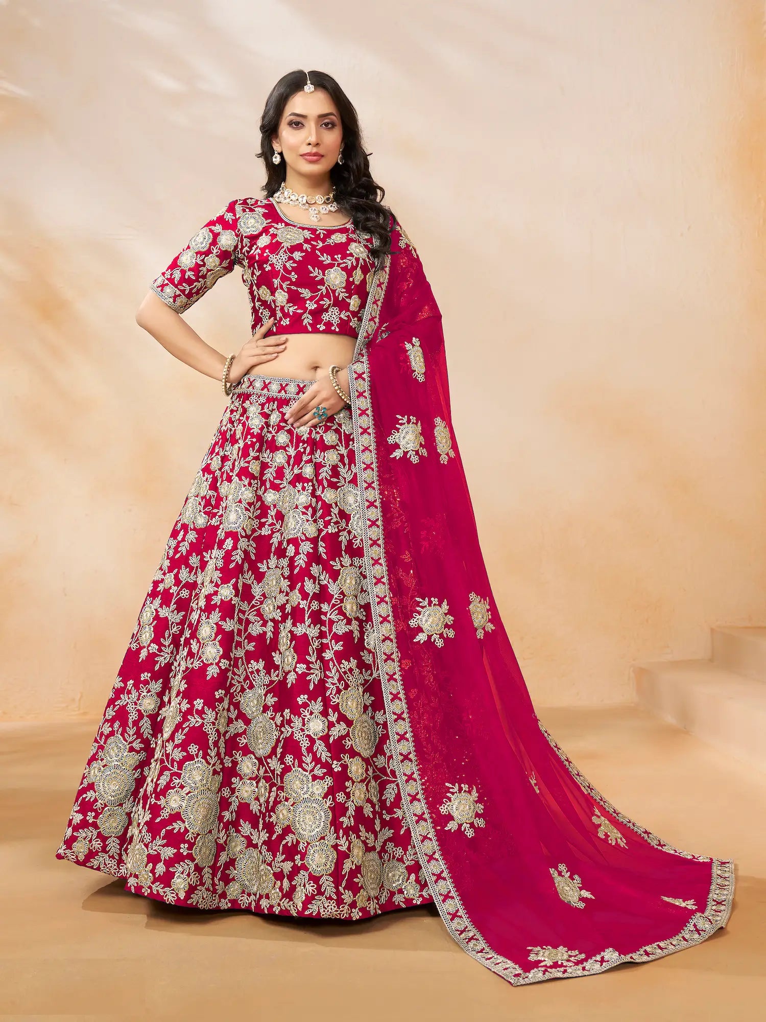 Red Art Silk Lehenga Choli With Thread & Sequence Embroidery Work
