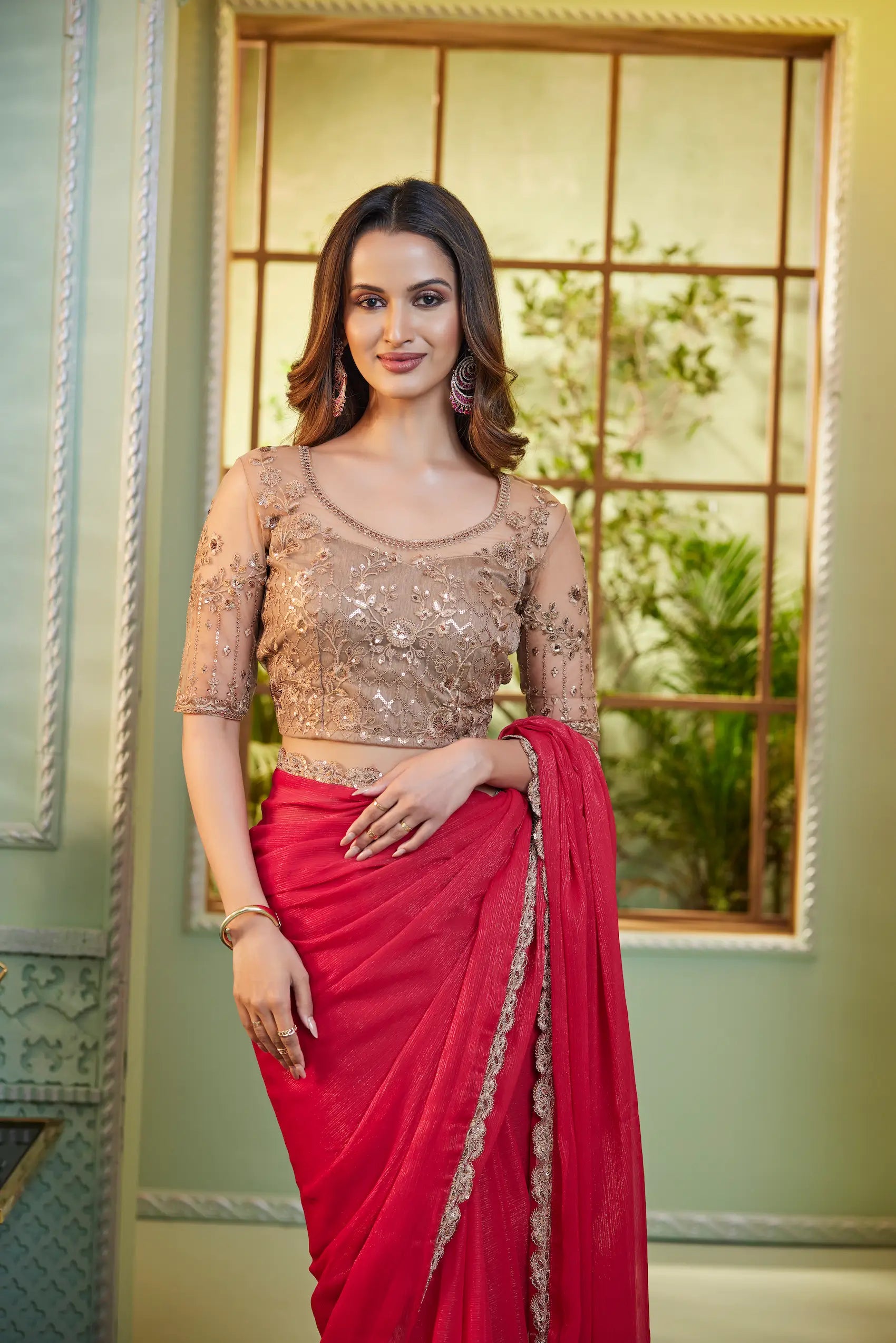 Red Rainbow Georgette Party Wear Saree With Sequence & Thread Embroidery Work
