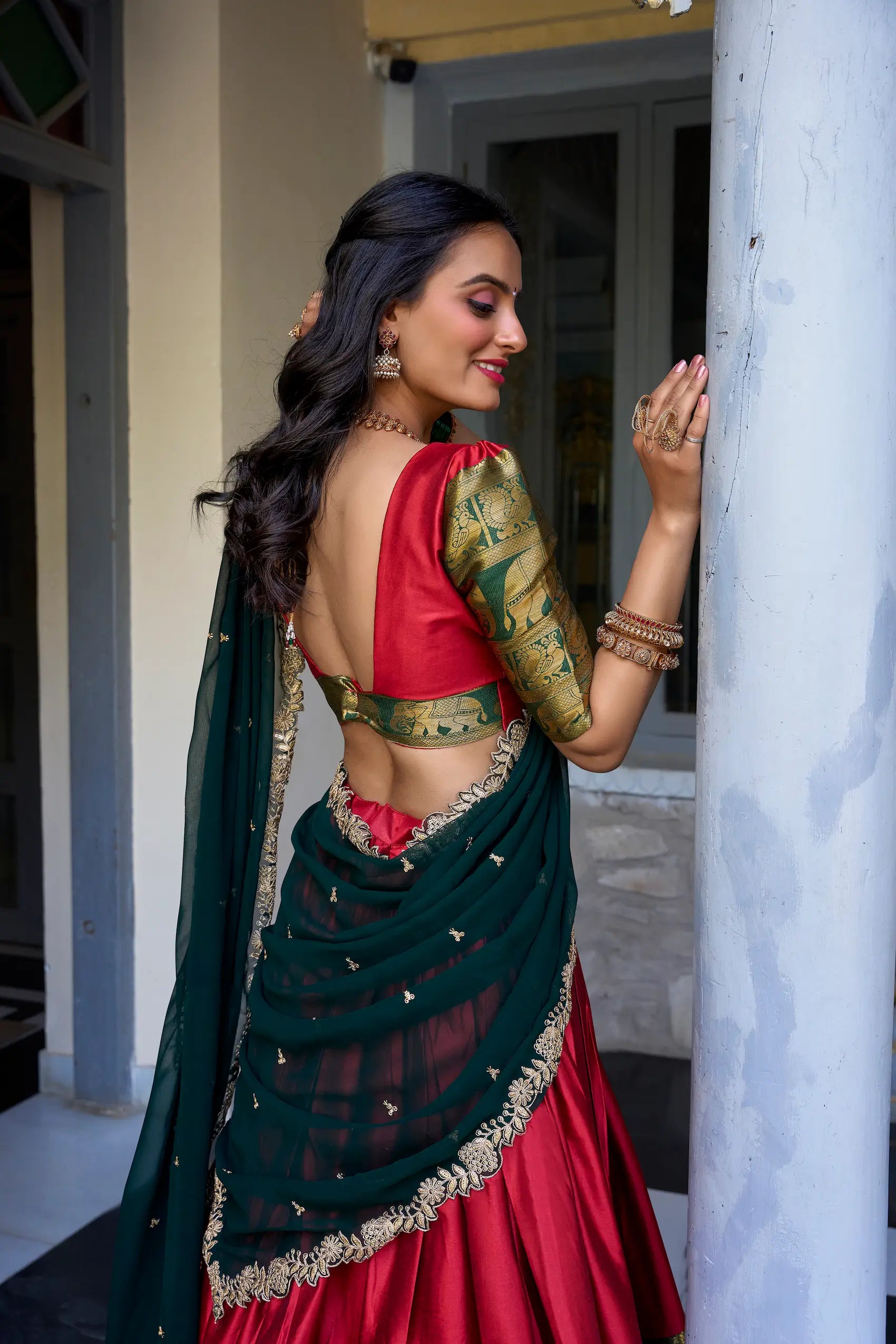Red South Indian Lehenga choli With Zari Weaving Work & Sequins Embroidery