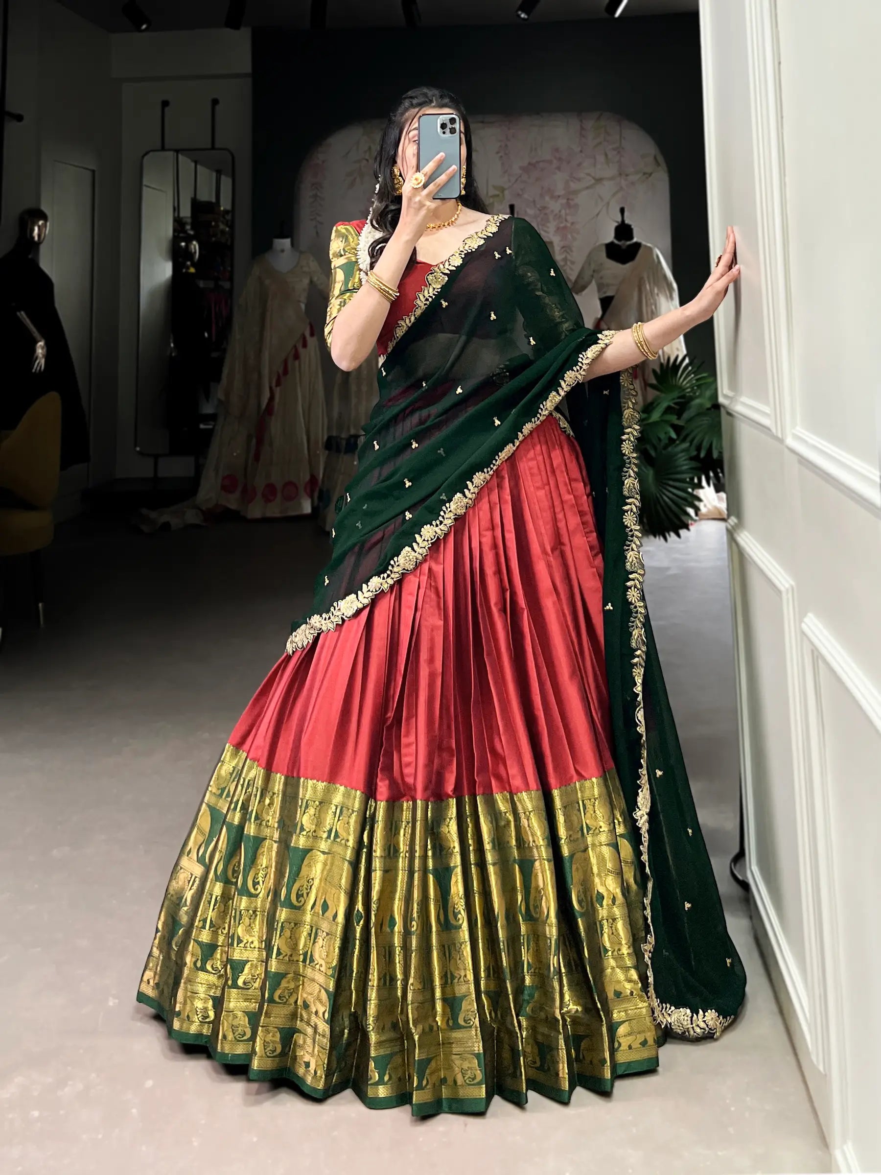 Red South Indian Lehenga choli With Zari Weaving Work & Sequins Embroidery