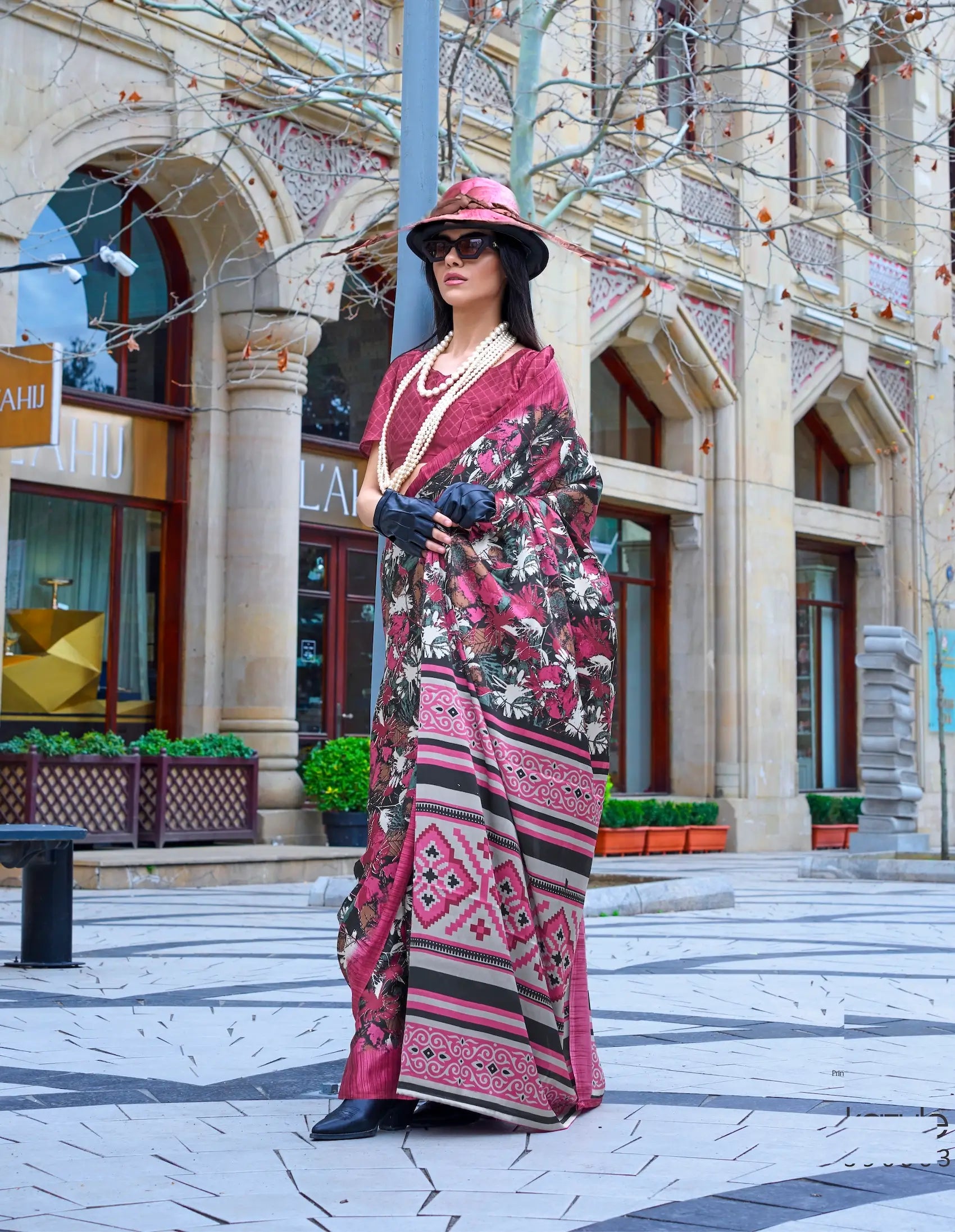 Rose Pink Satin Crepe Digital Printed Saree