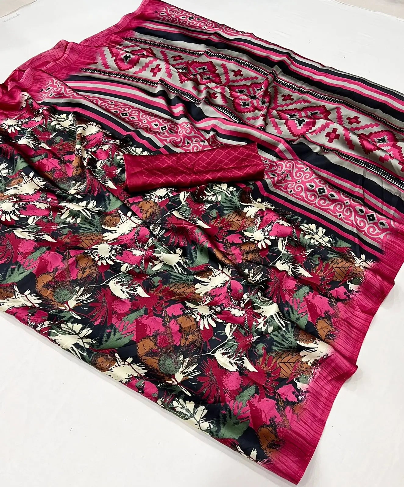 Rose Pink Satin Crepe Digital Printed Saree