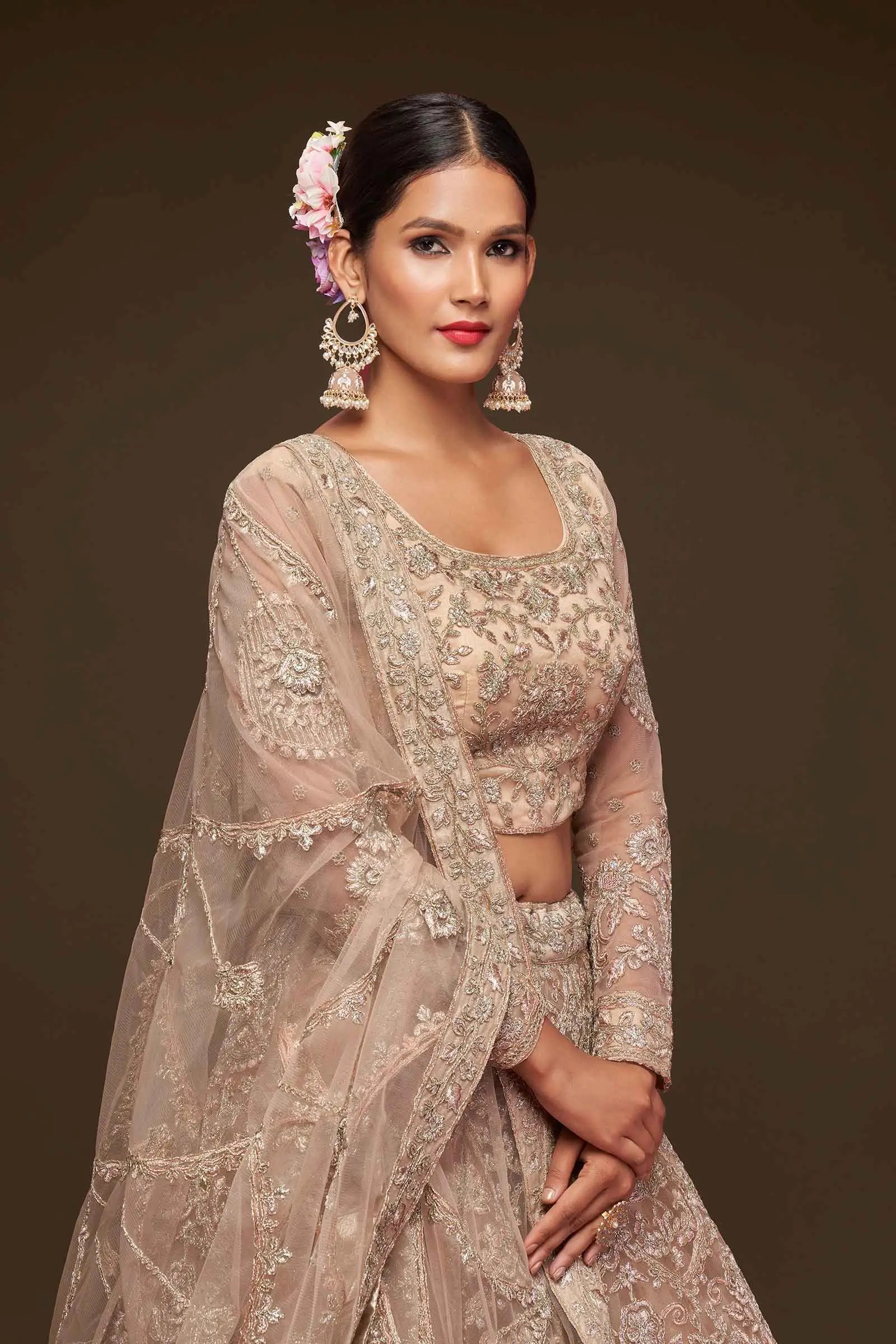 Royal Beige Soft Net Lehenga With Thread Zari Badla And Glitter Dori Embroidery Work