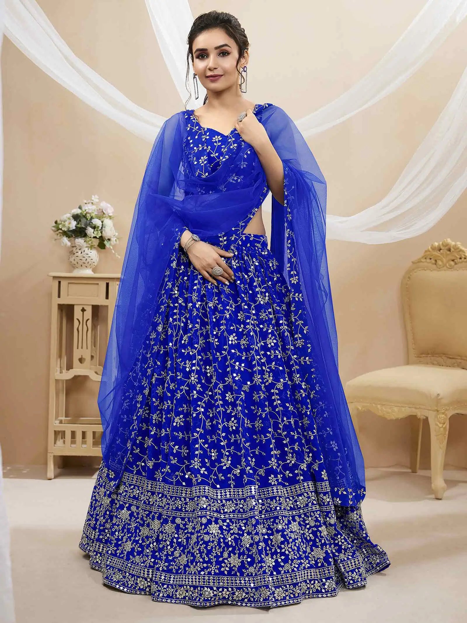 Royal Blue Georgette Lehenga With Sequins And Zari Embroidery Work