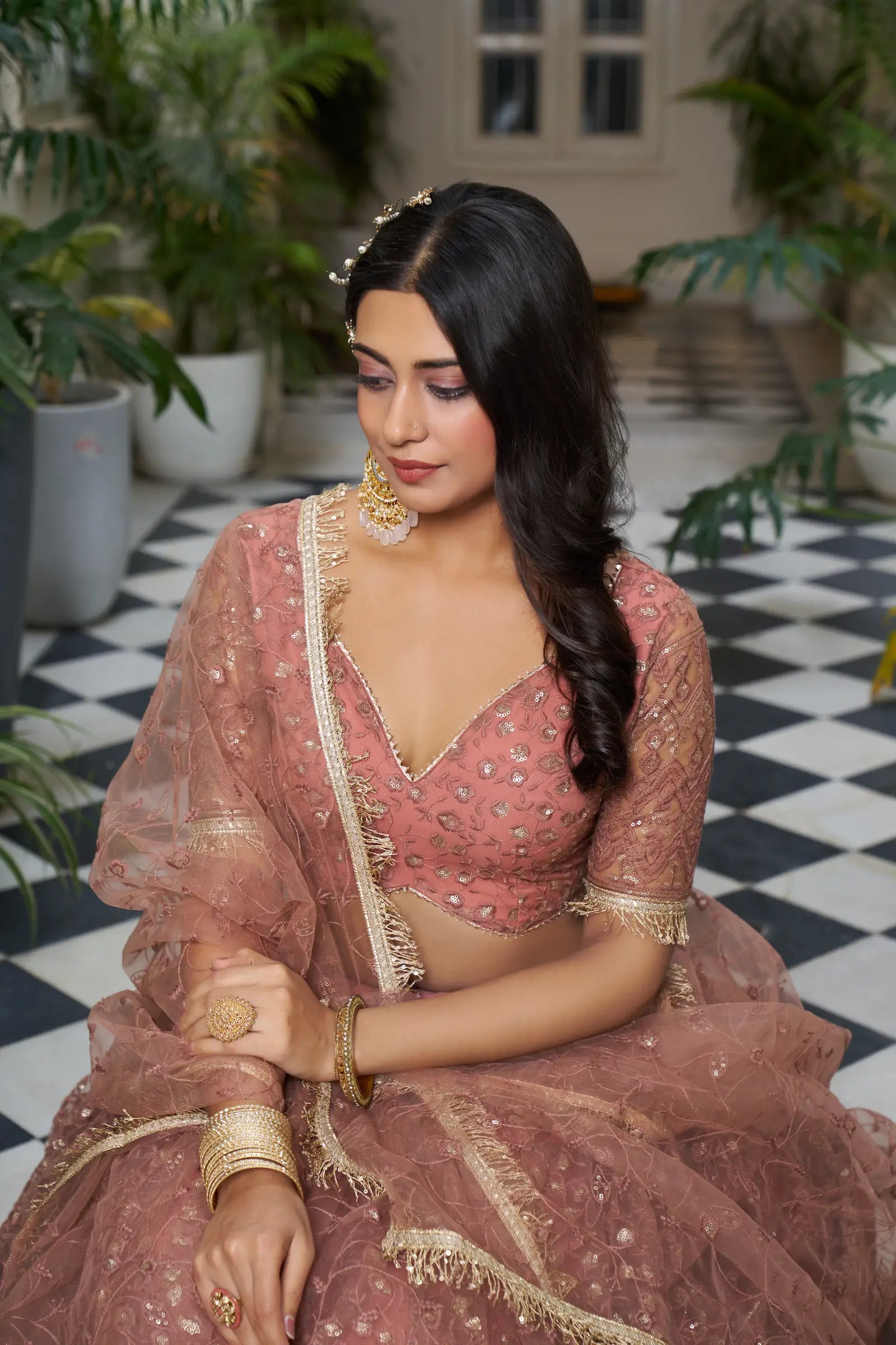 Rust Brown Net Lehenga Choli With Cotton Thread Work & Sequence Embroidery Work