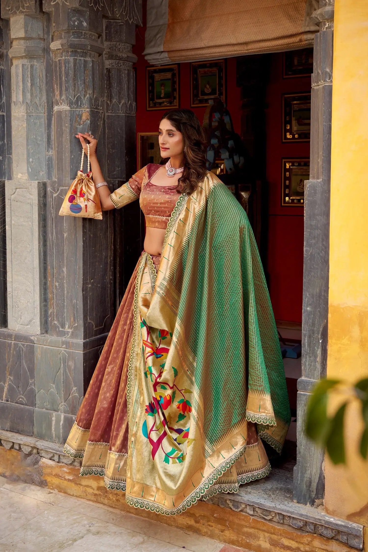 Rust Brown Shimmer Paithani Lehenga Choli