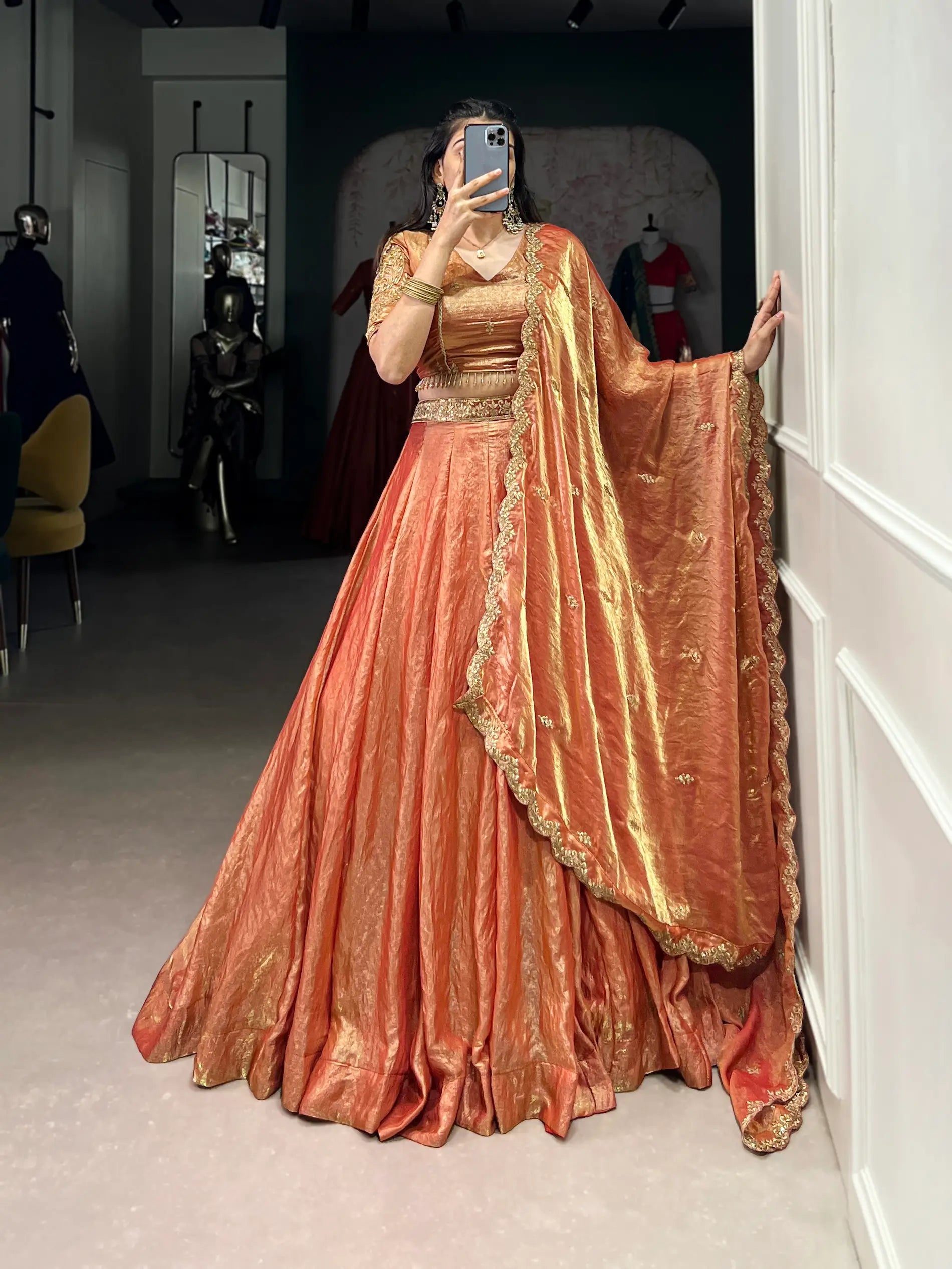 Rust Orange Fendi Silk Sequins Embroidery Lehenga Choli