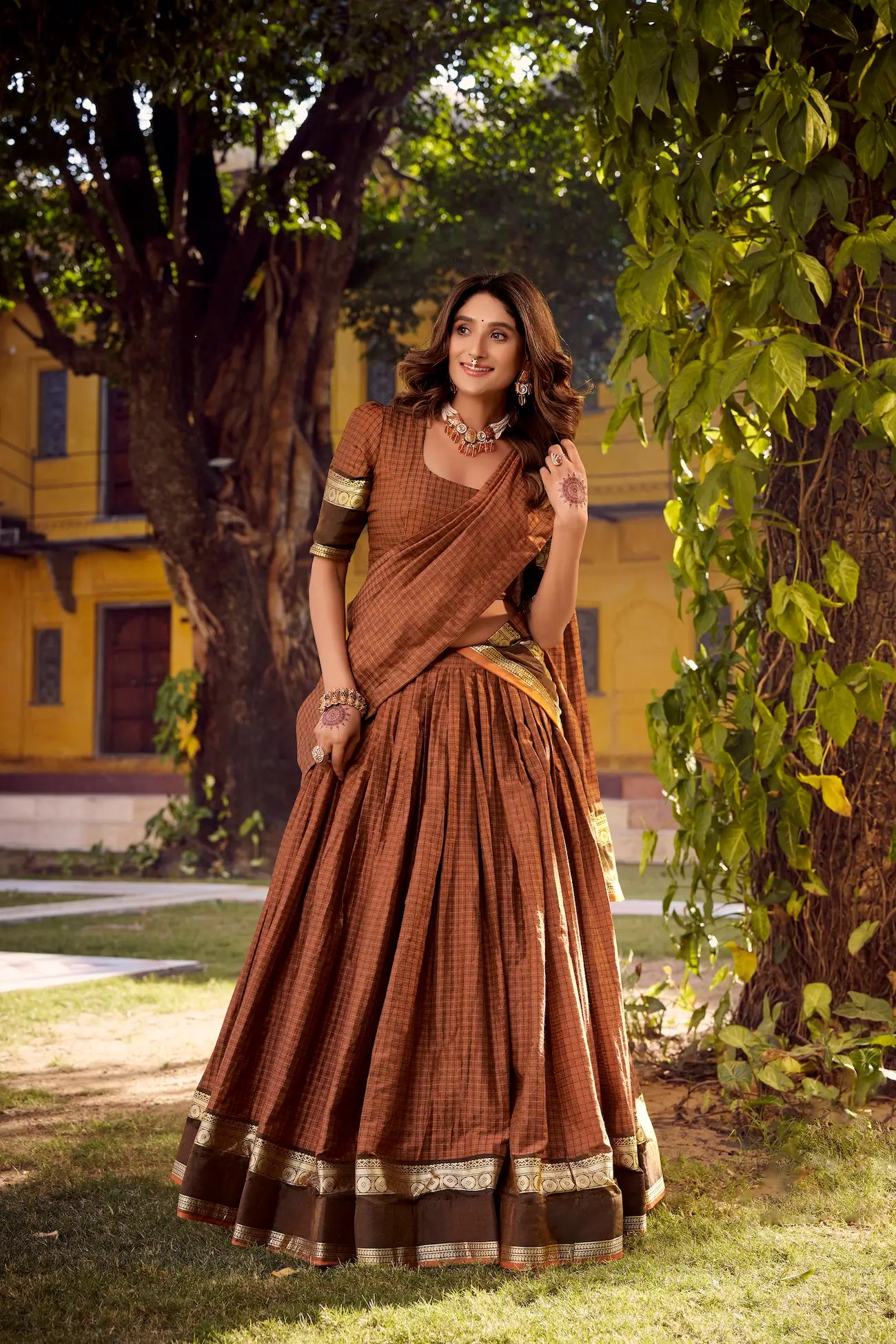 Rust Orange Zari Weaving Cotton Lehenga choli
