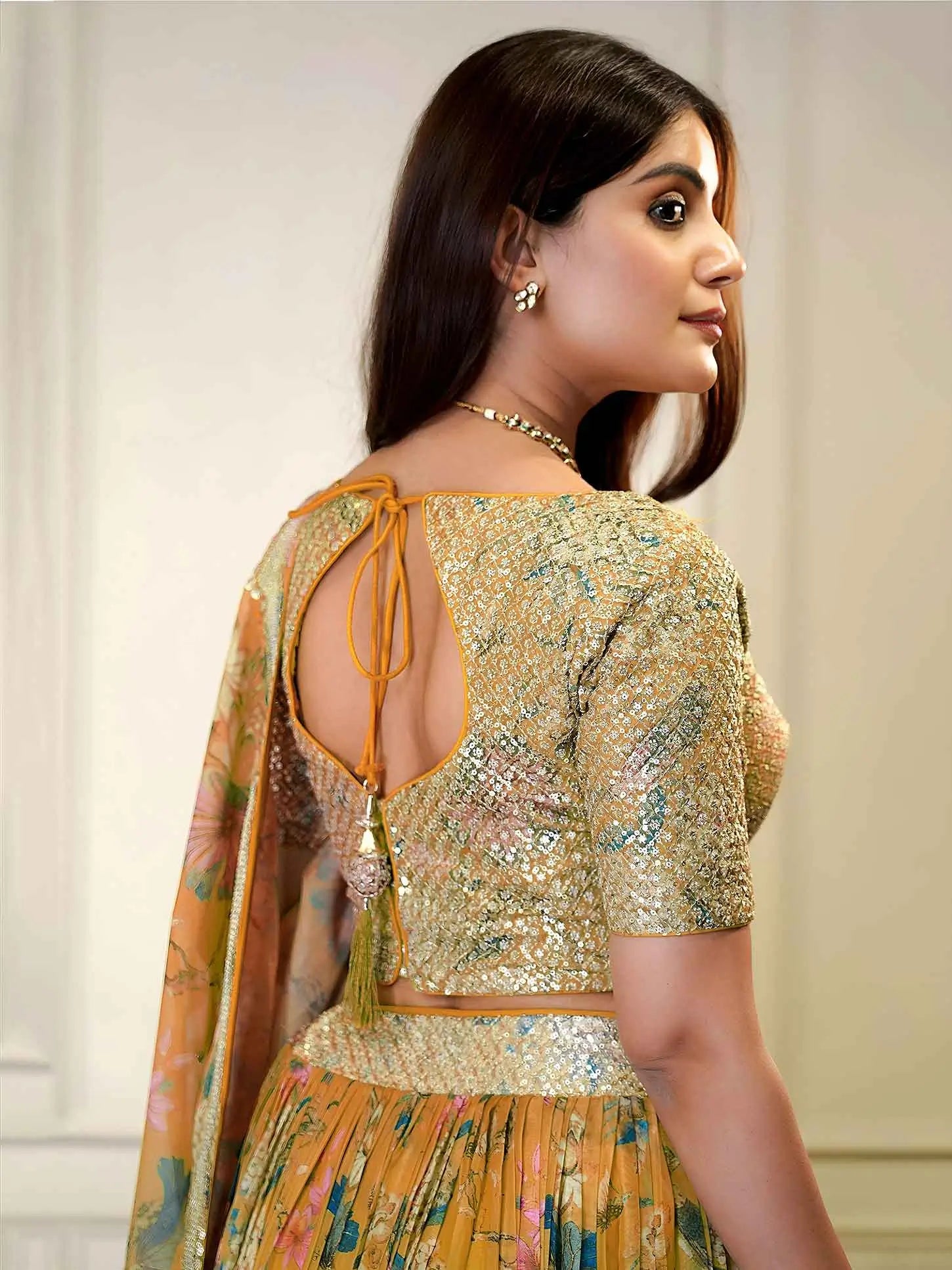 Rust Printed Lehenga with Sequins & Zari