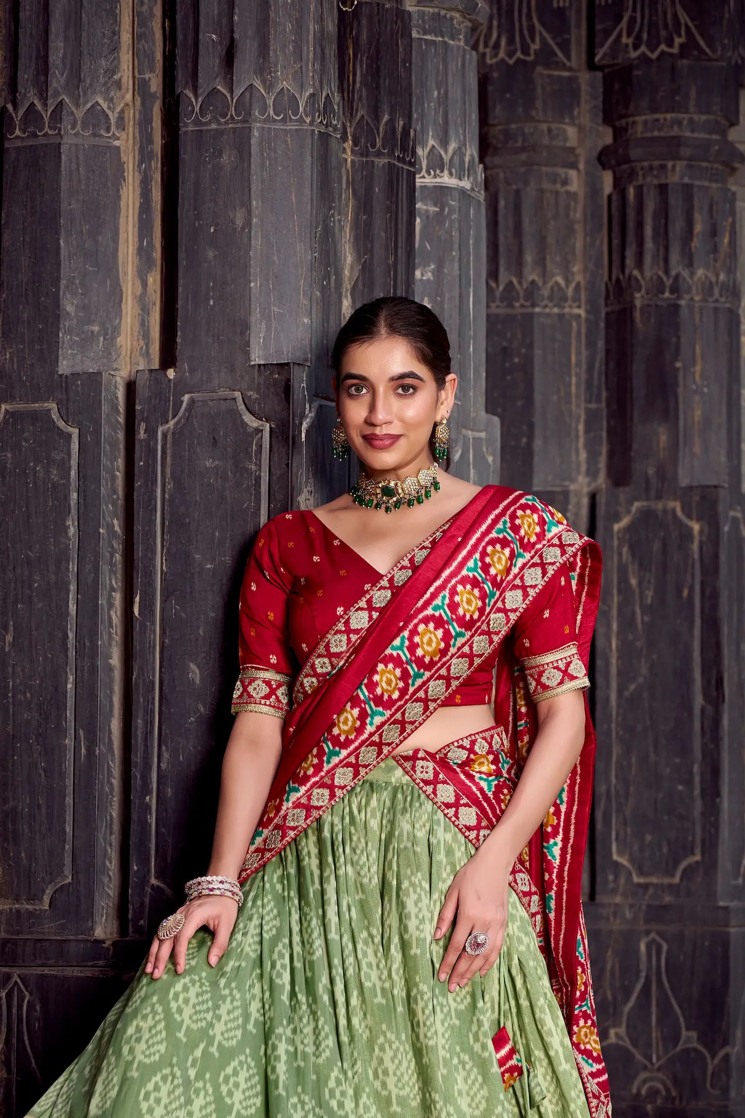 Sea Green Tussar Silk Ikkat Printed Lehenga Choli