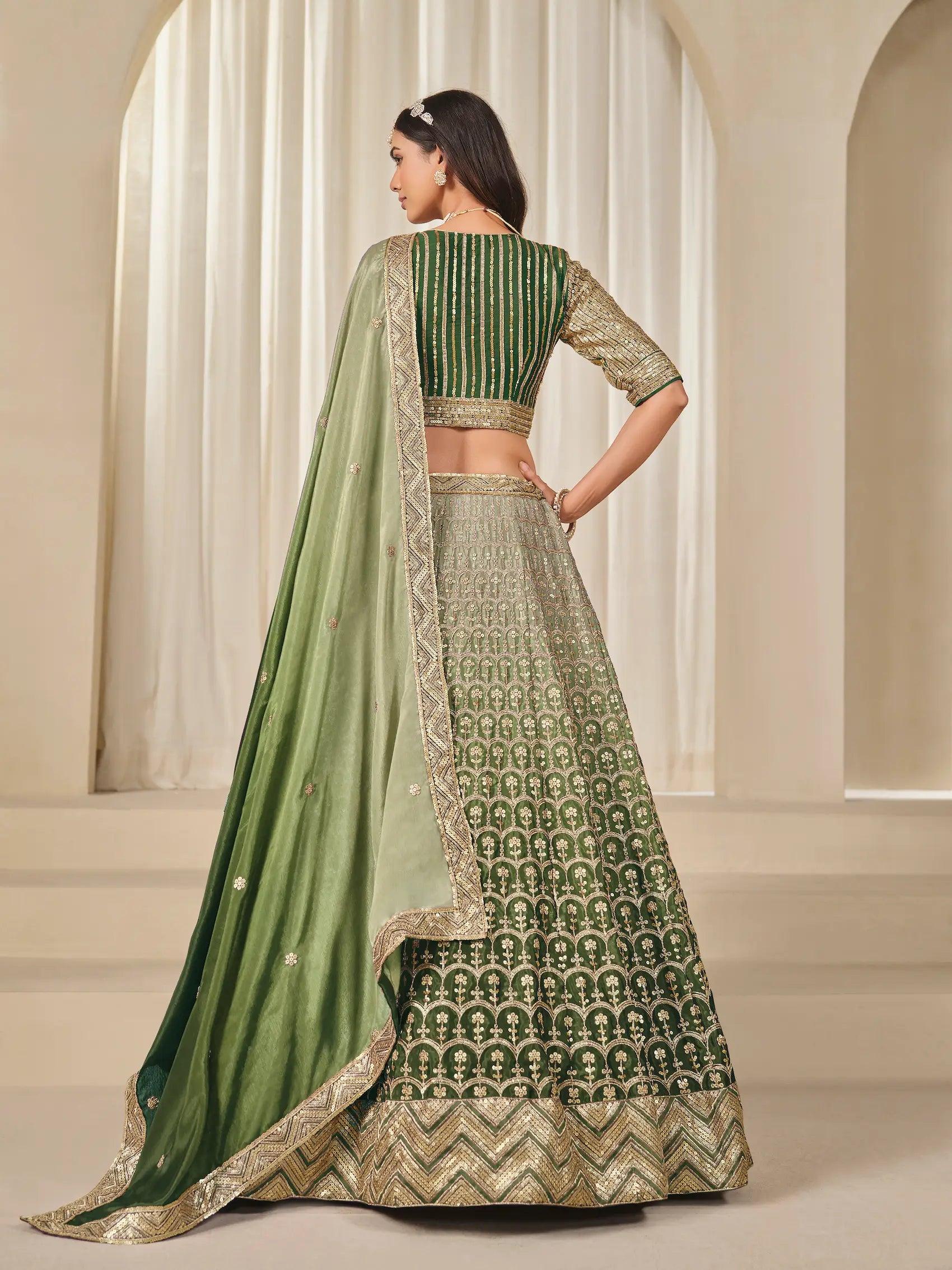 Shaded Green Chinon Silk Embroidery Work Lehenga Choli