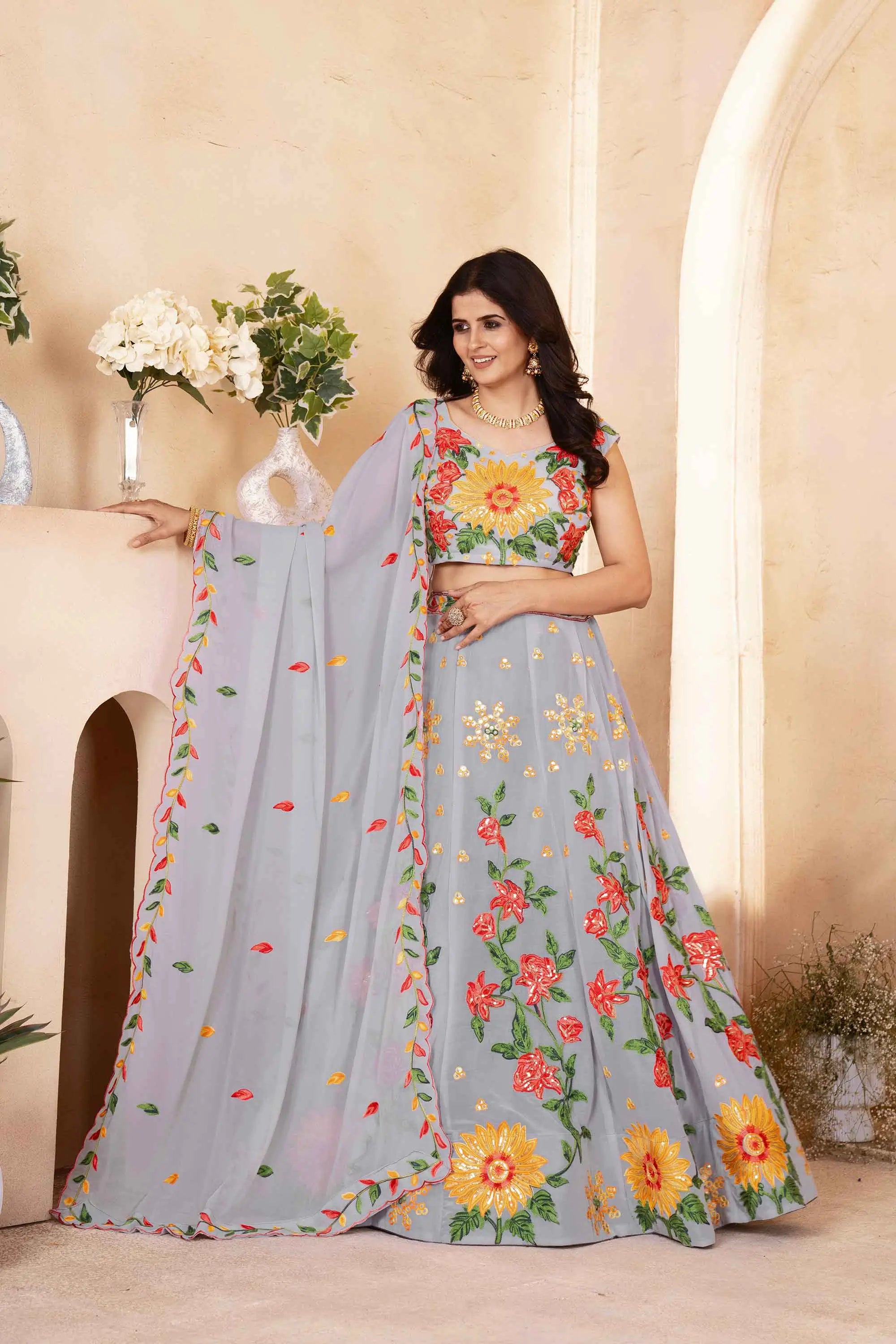 Silver Grey Multi Thread Sequins Embroidery Work Georgette Lehenga