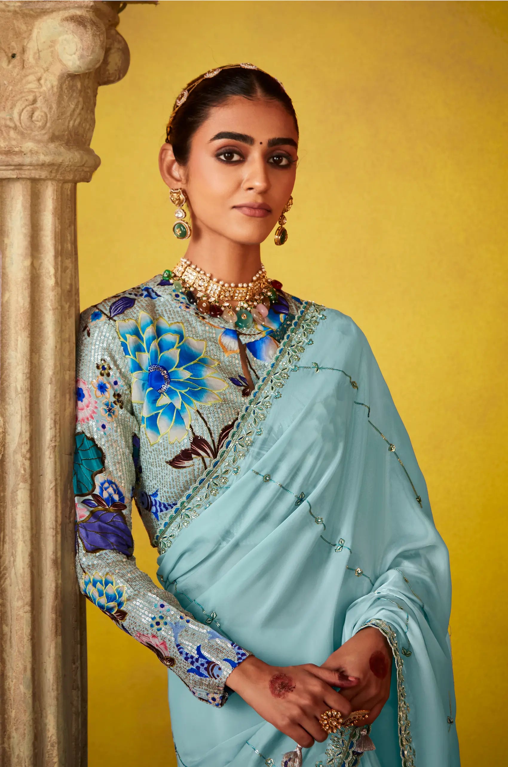 Sky Blue Glass Tissue Saree With Digital Print,  Sequence & Thread Embroidery Work