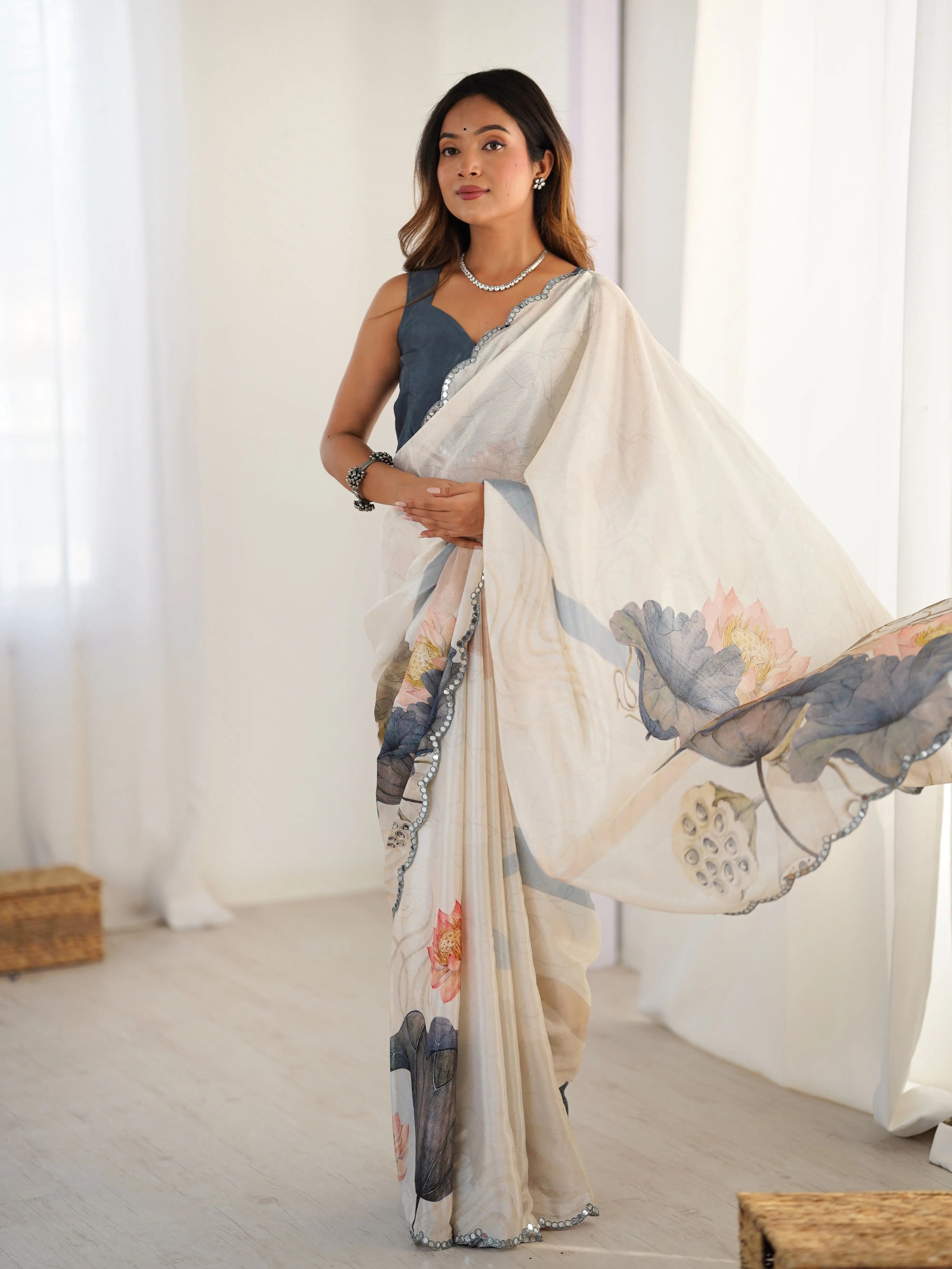 Soft Amber Beige Digital Floral Print With Mirror Cut Work Saree