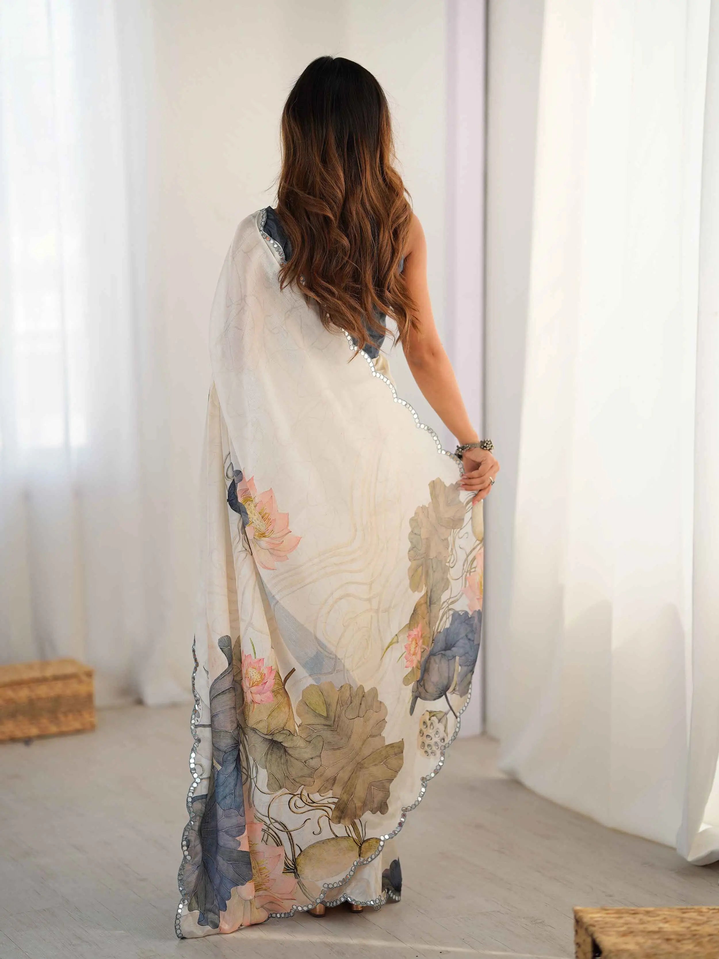 Soft Amber Beige Digital Floral Print With Mirror Cut Work Saree
